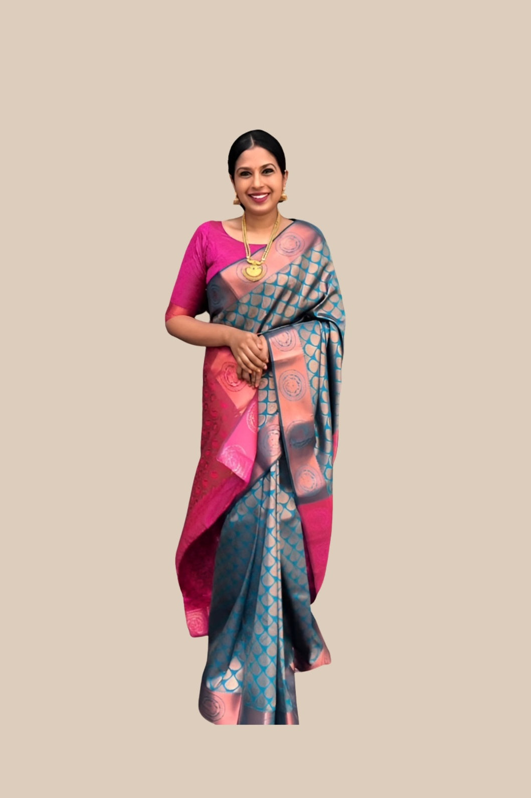 Studio front view of multicolor printed Litchi silk saree