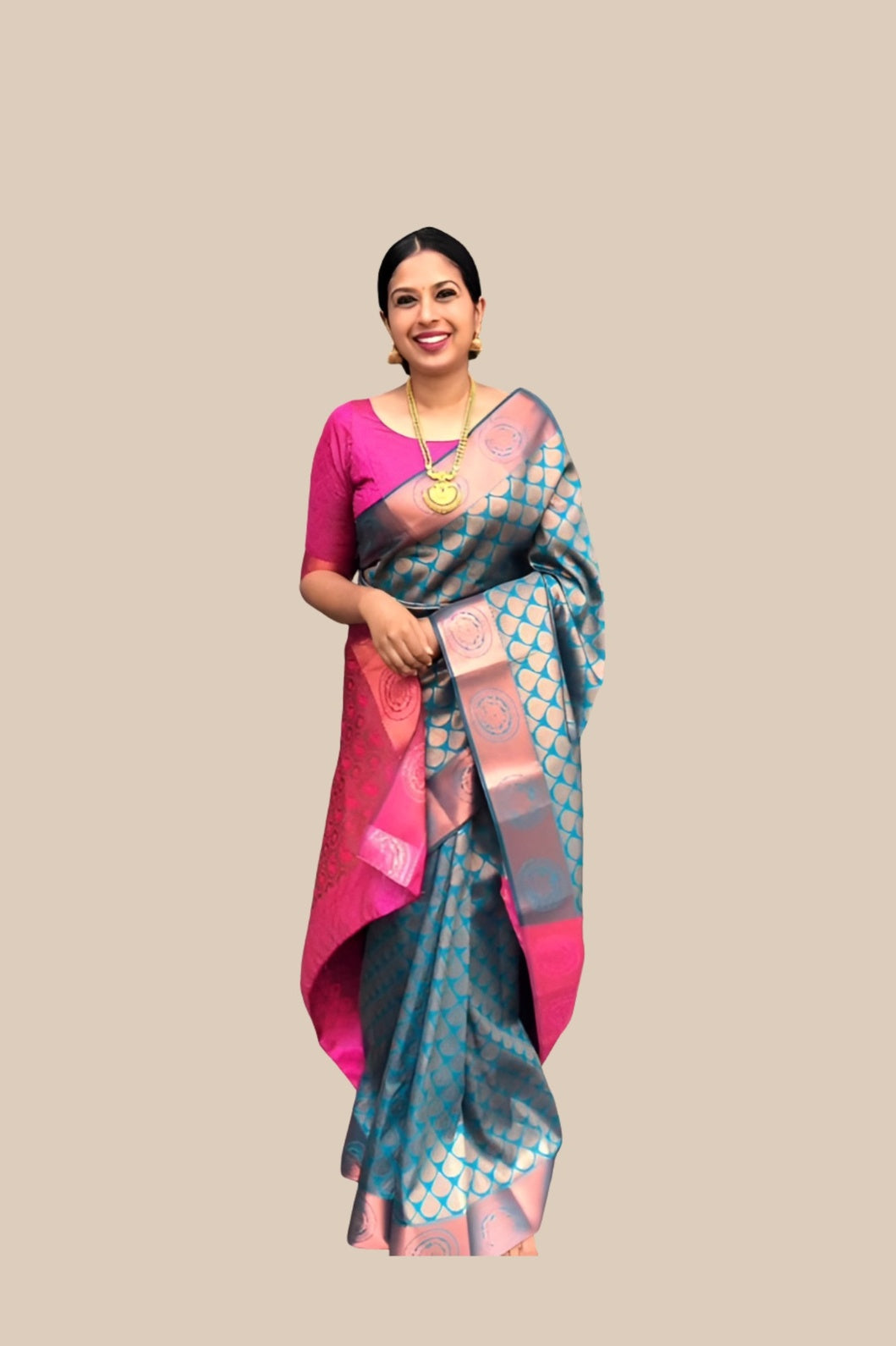 Studio front view of multicolor printed Litchi silk saree