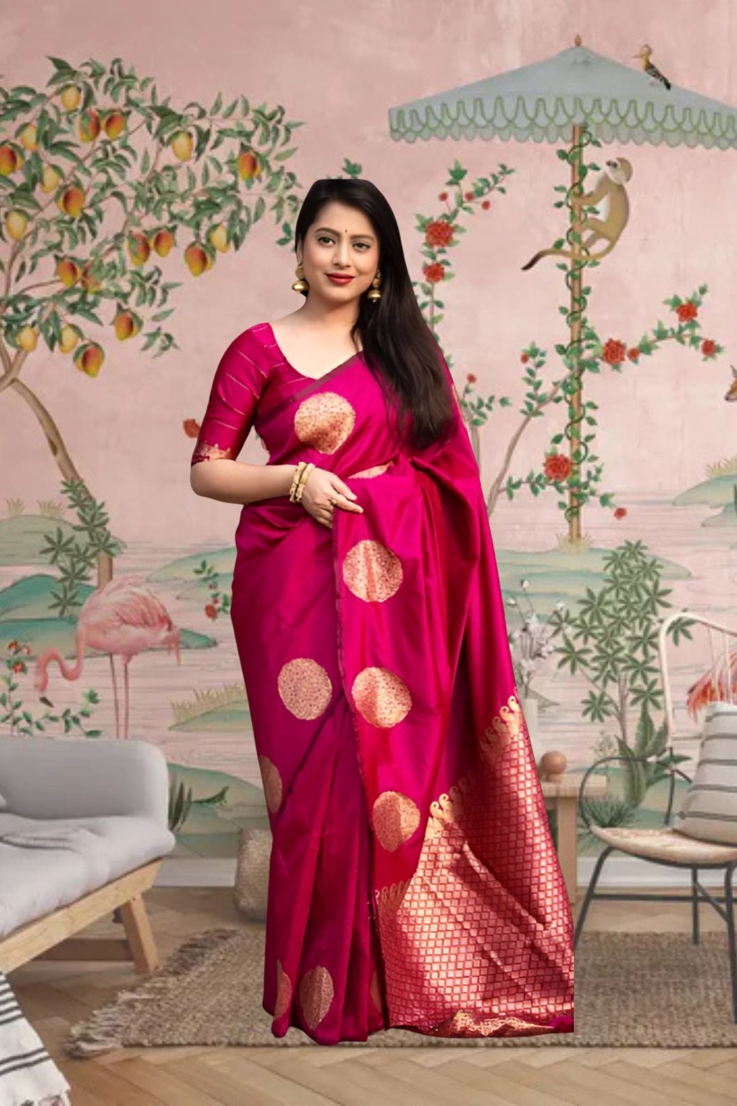 Front view of pink silk printed saree in royal setting