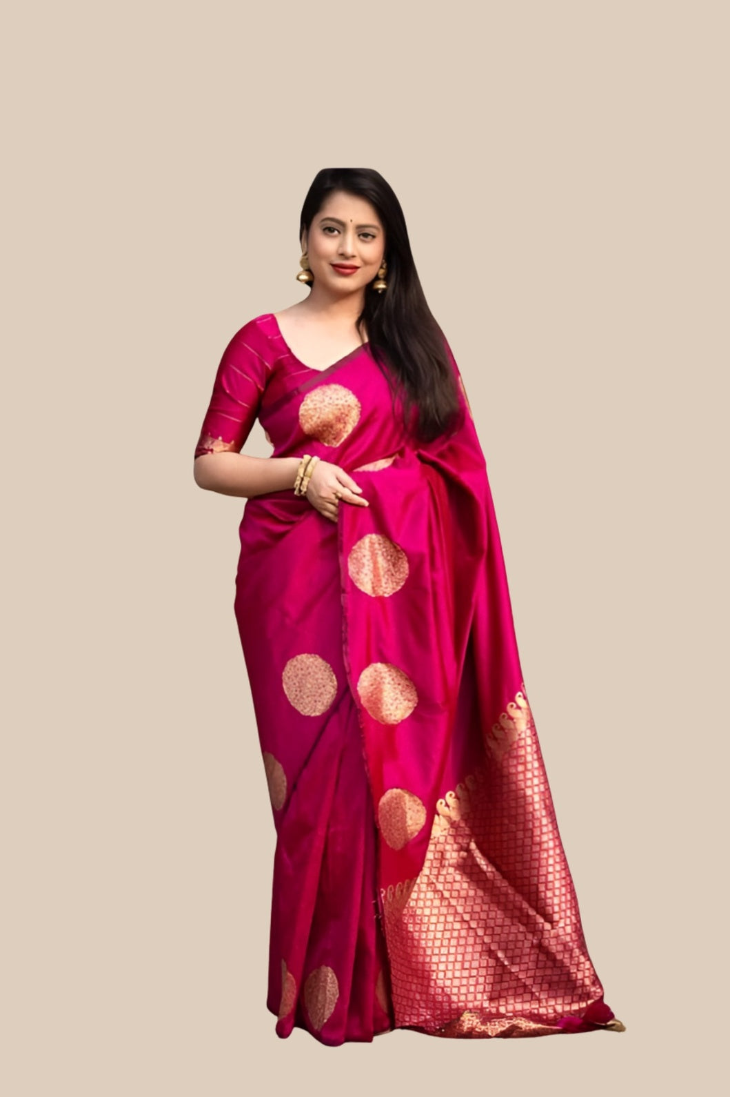 Studio front shot of pink silk printed saree