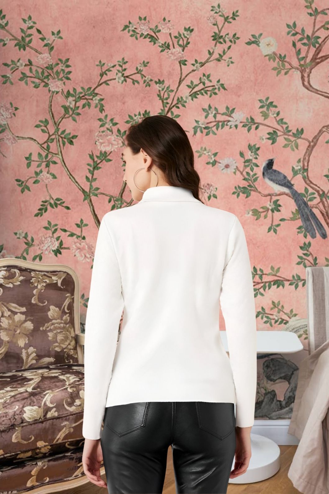 Back view of CELESTINA white full sleeve t-shirt for women