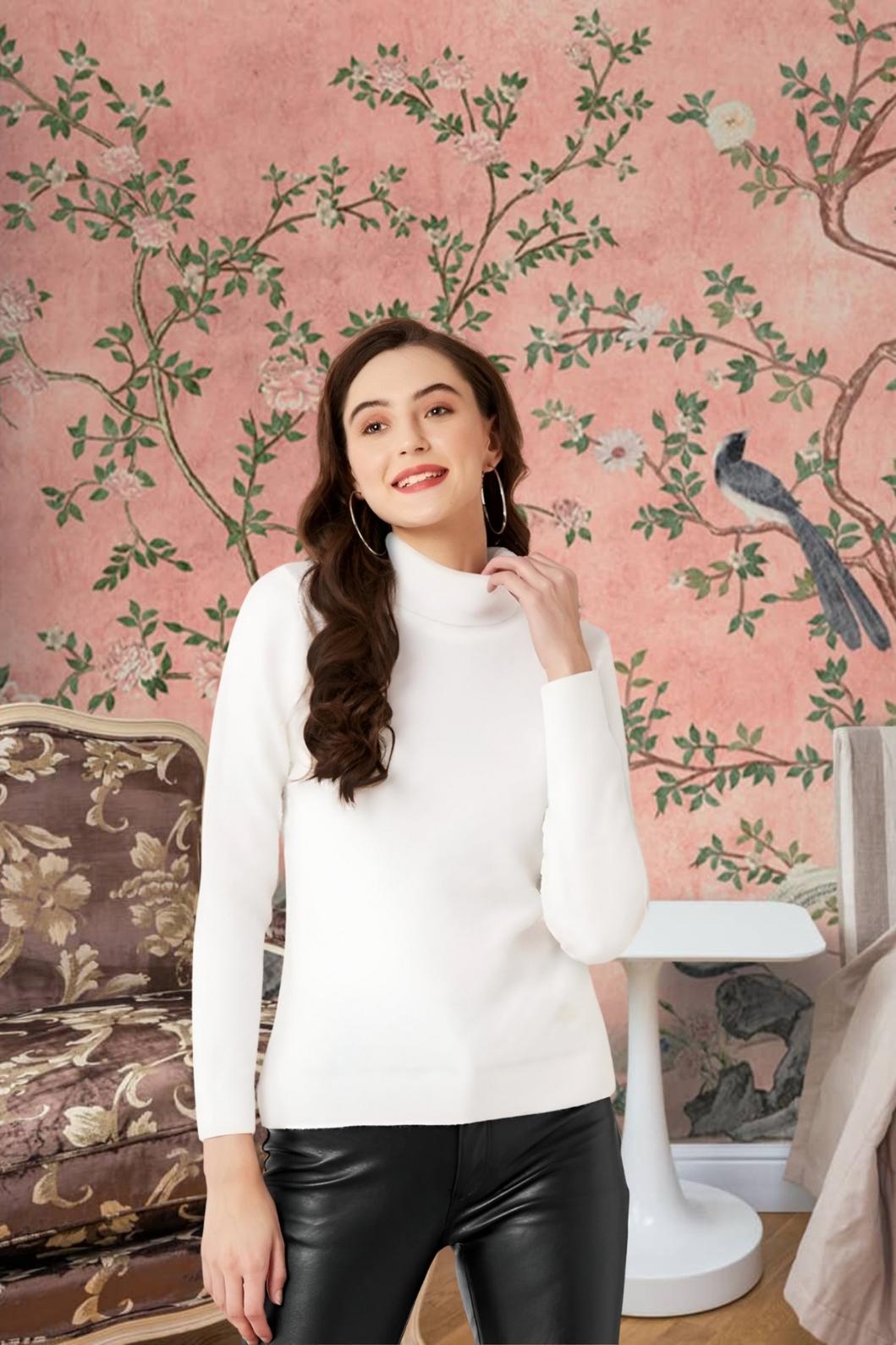 Front view of white high-neck full sleeve t-shirt in palace backdrop