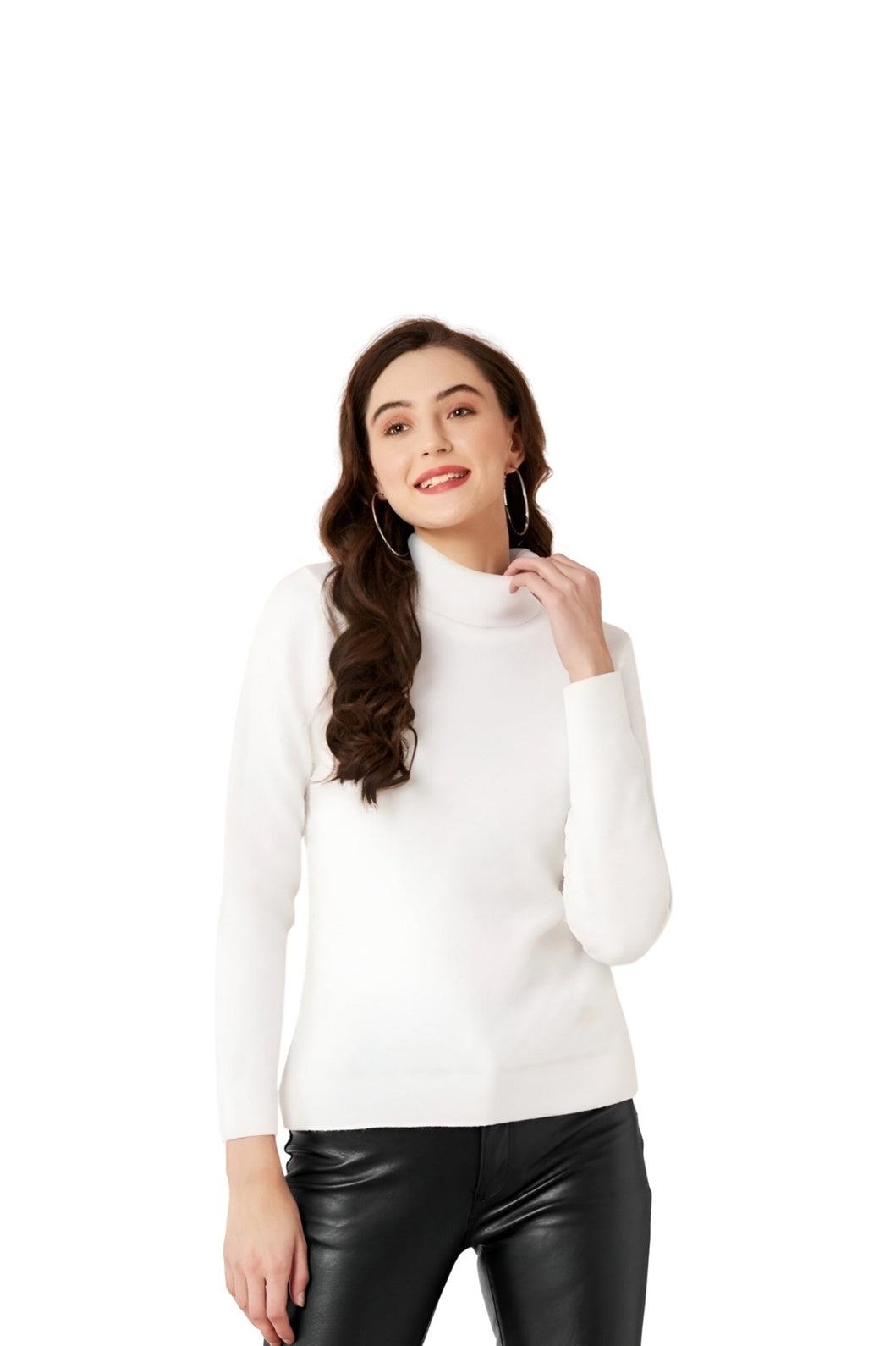 Studio front view of white high-neck women’s t-shirt