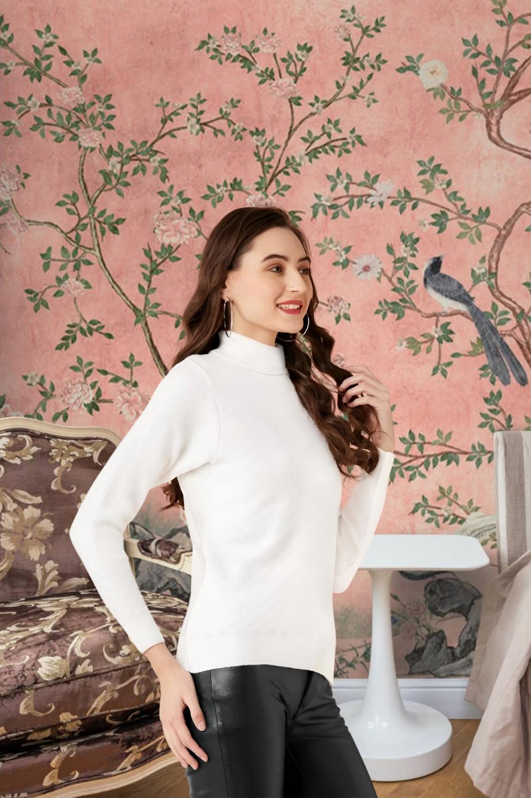 Left profile of white polyester high-neck women's tee