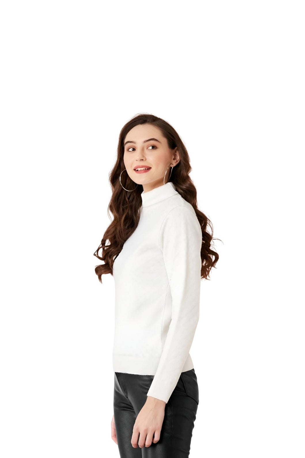 Right side studio pose of white high-neck full sleeve top