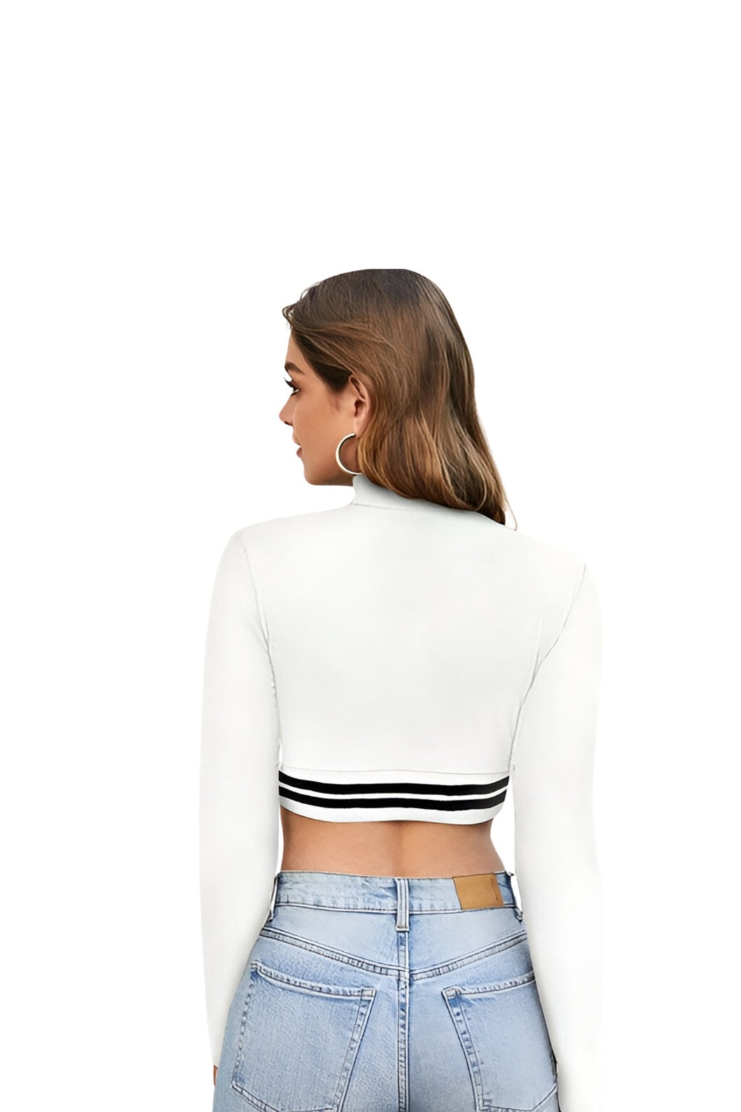 Back view—white stretch crop top, seam details visible