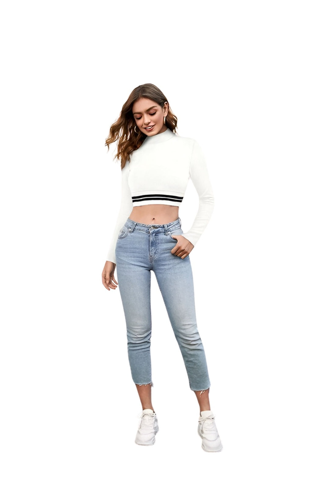 White hosiery crop top front view on plain background