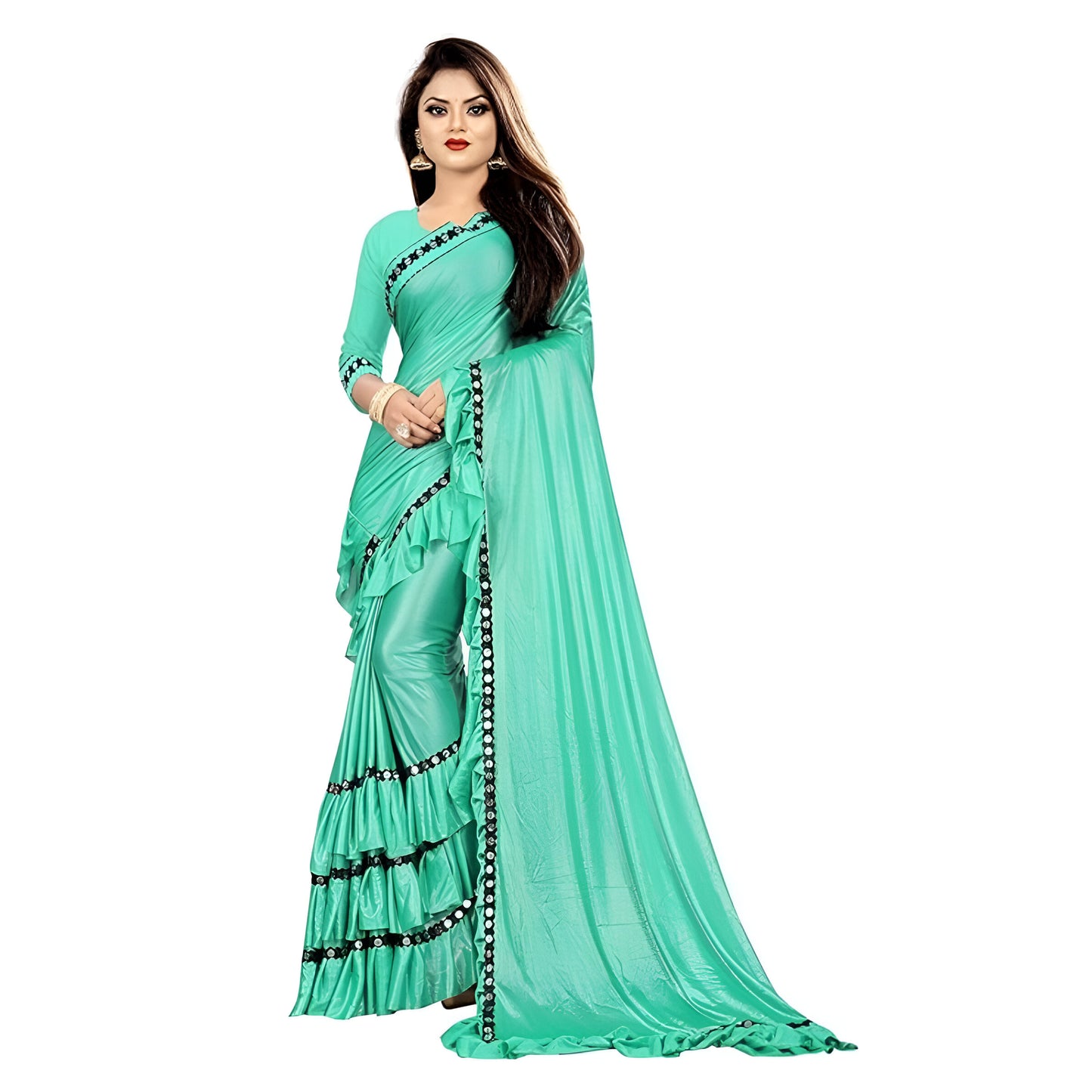 Professional woman wearing plain ivory Lycra saree in work setting