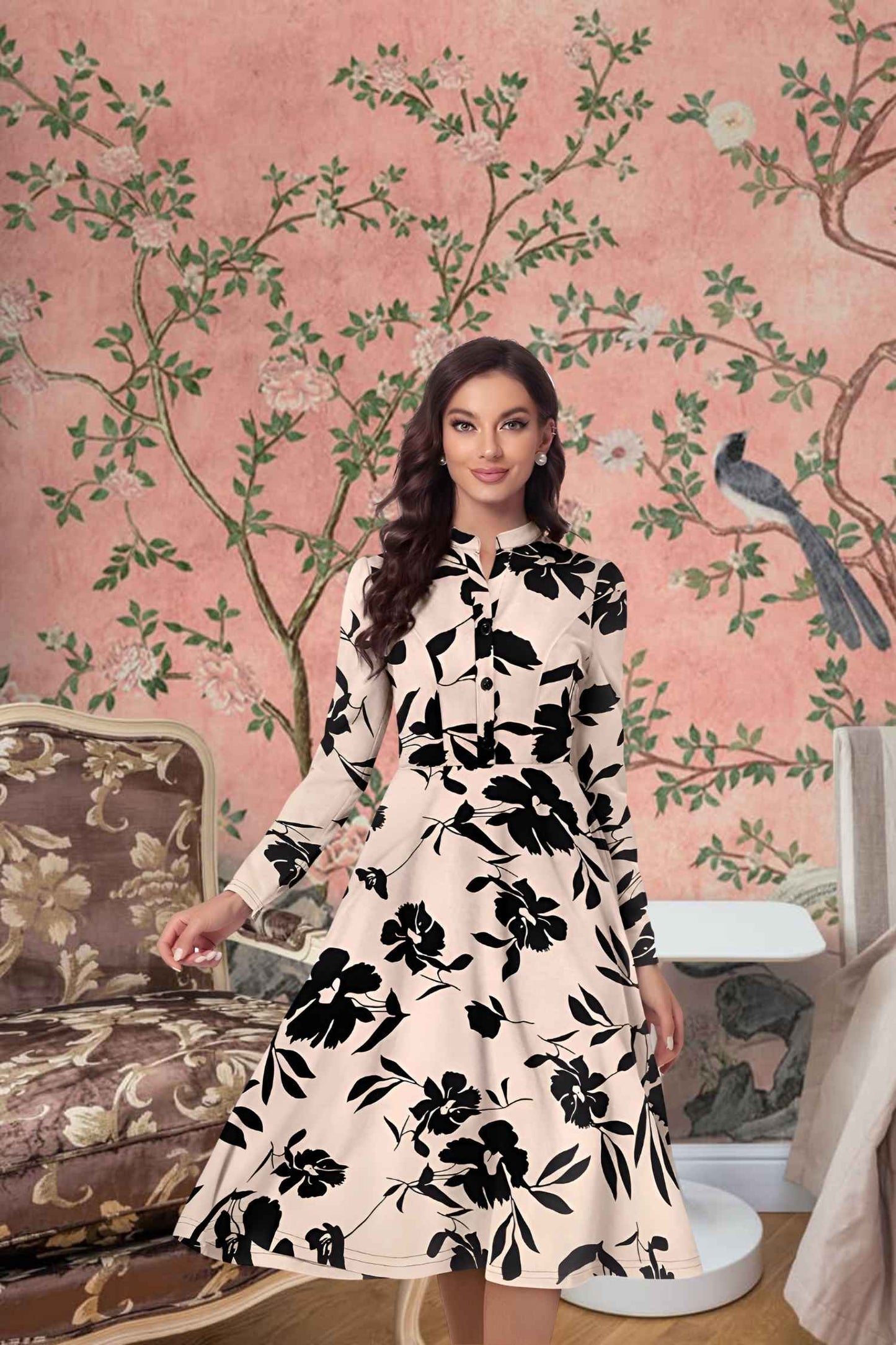 Front view of cream full sleeve V-neck floral dress