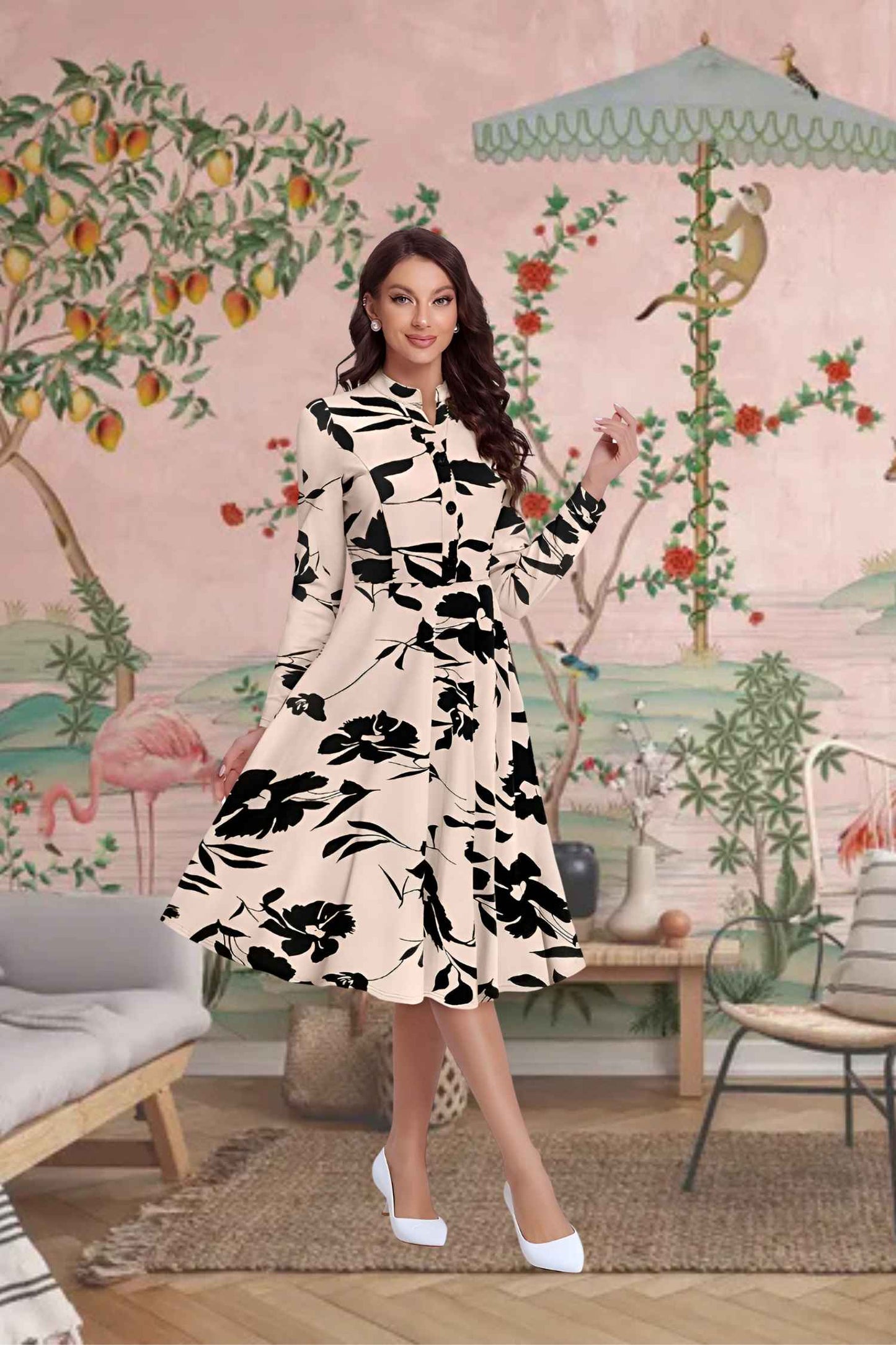 Front view of cream full sleeve V-neck floral dress