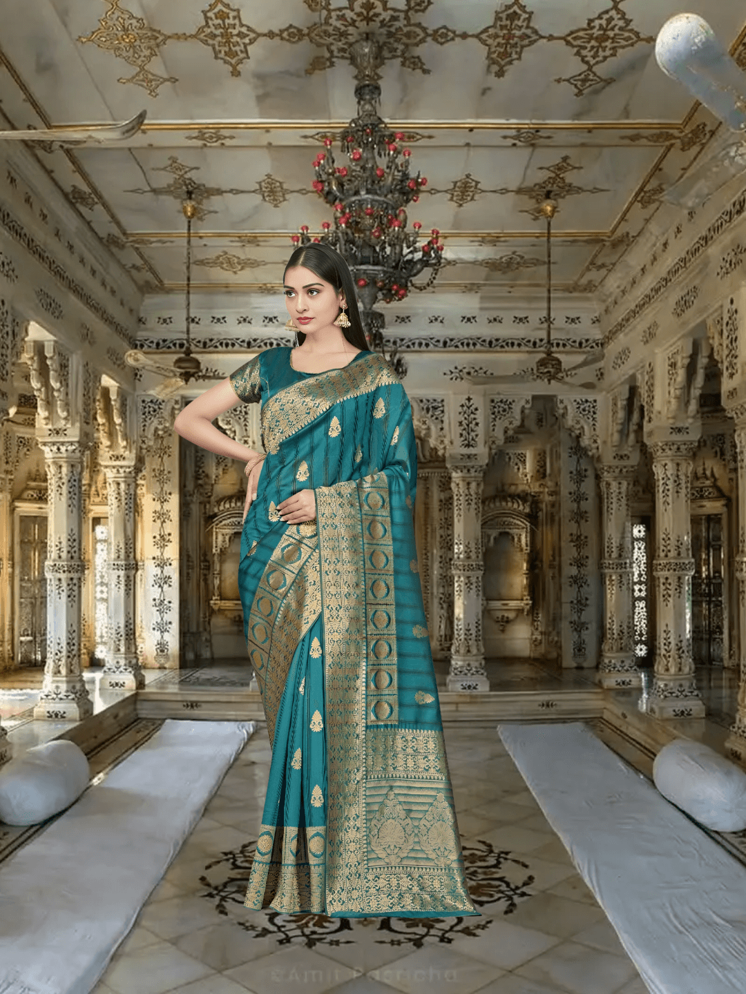 Emerald saree in monsoonal light, gold borders cutting like lightning through vines