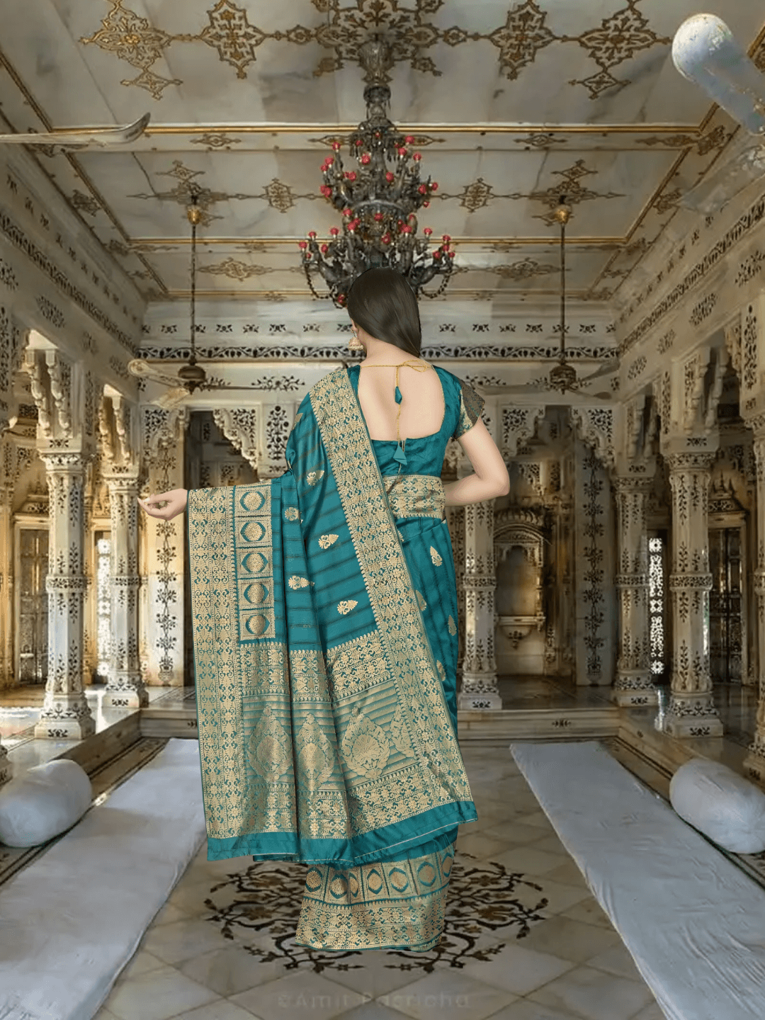 Macro of gold galactic debris on green silk – like alien orchids