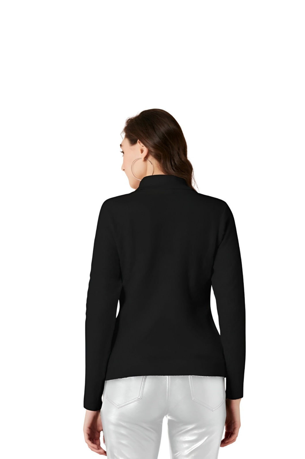 Rear studio image of women’s black full sleeve tee