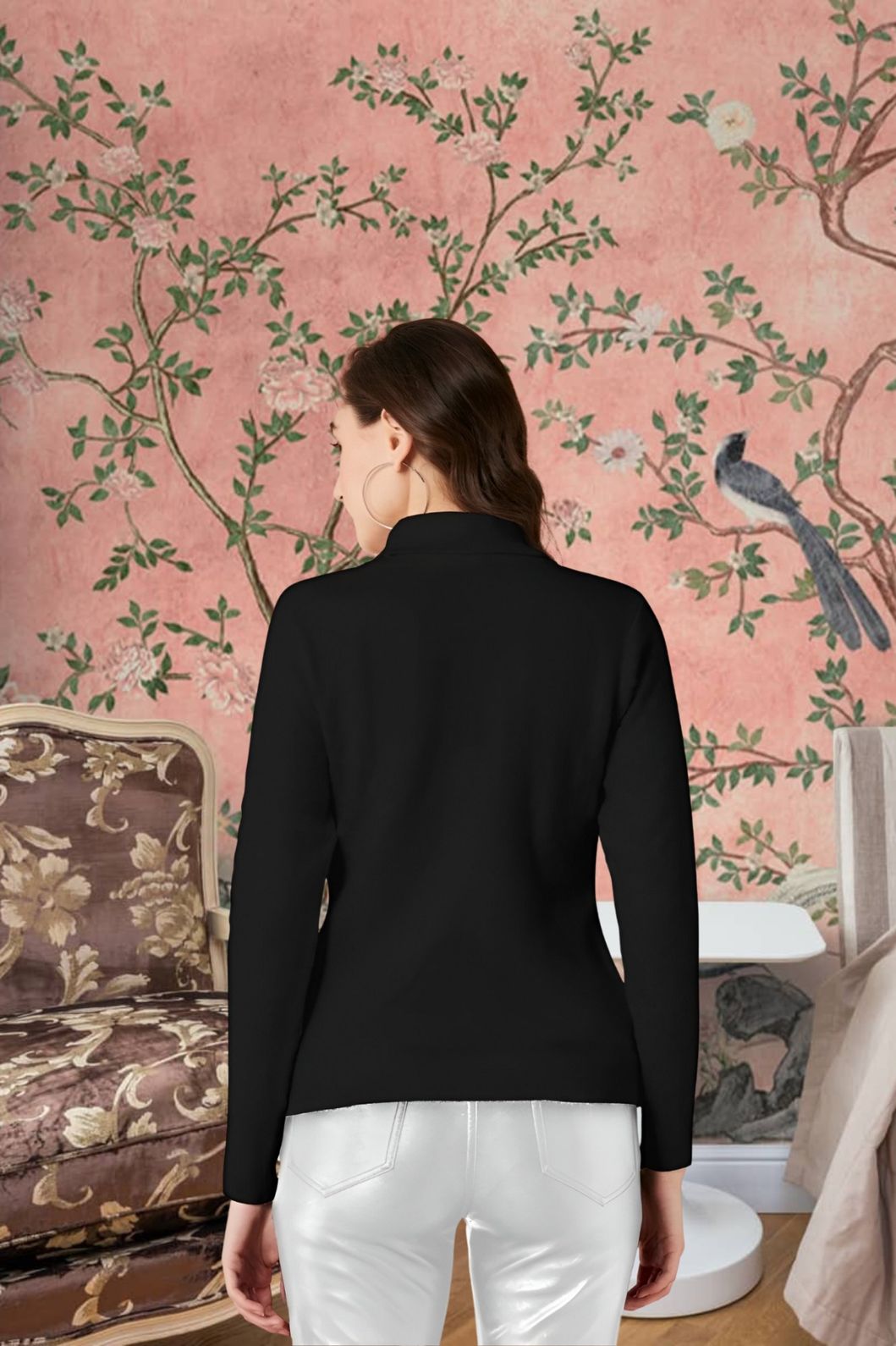 Rear view showing slim fit design in elegant black