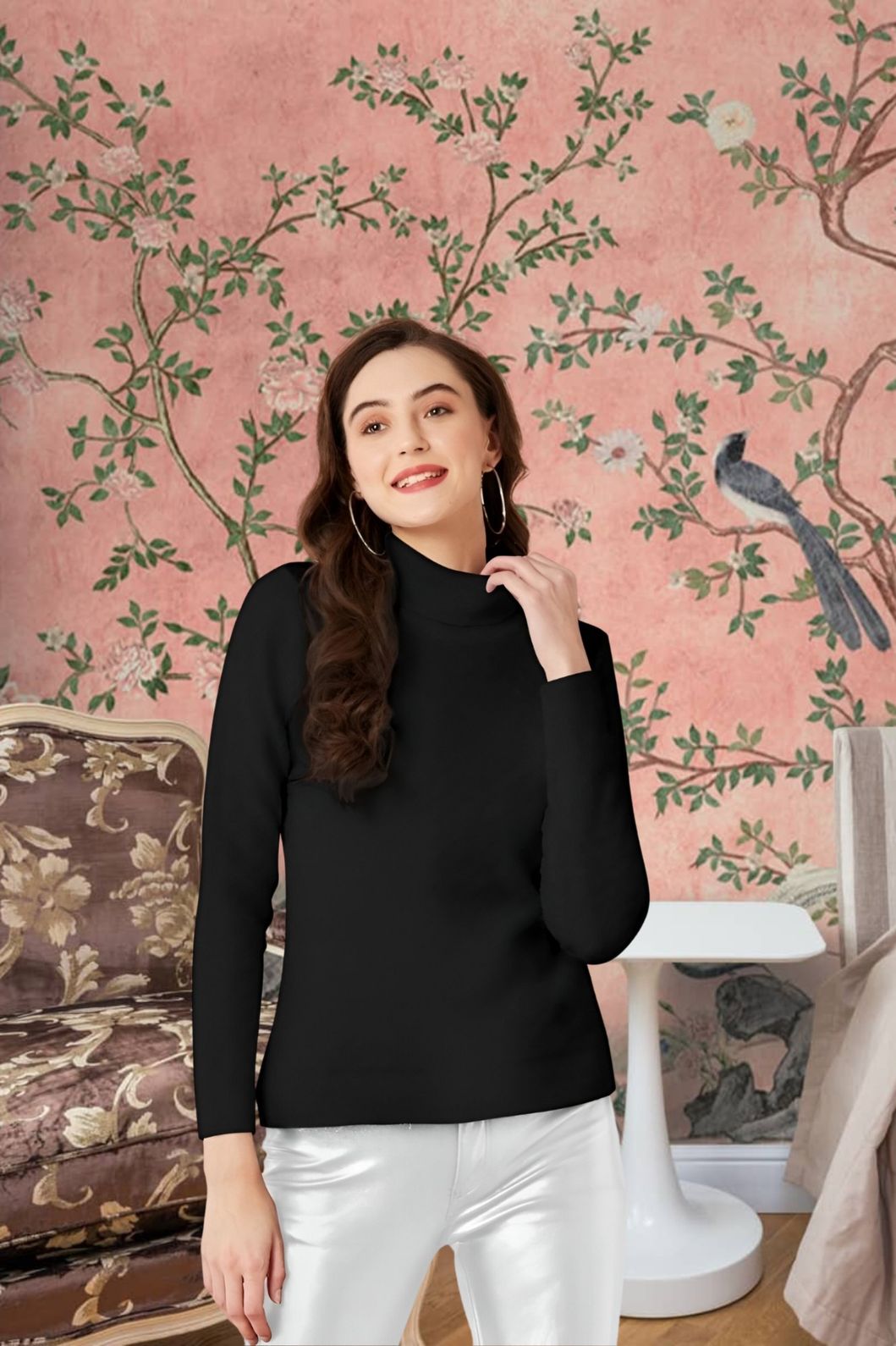 Front view of black high-neck t-shirt with full sleeves in palace backdrop