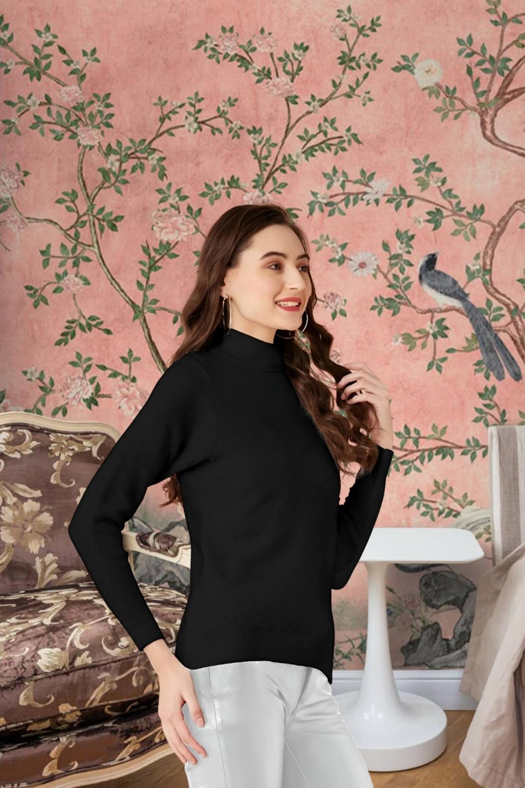 Left angle view of black polyester high-neck t-shirt