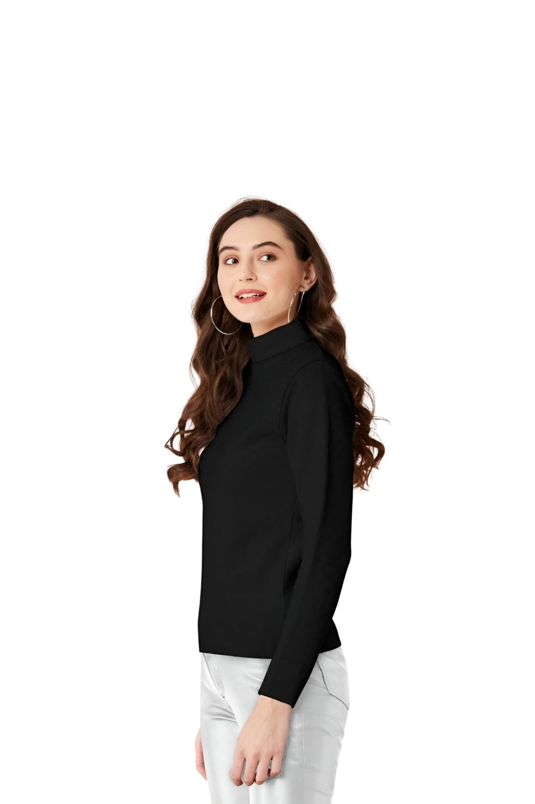 Studio image showing right side of slim black high-neck tee