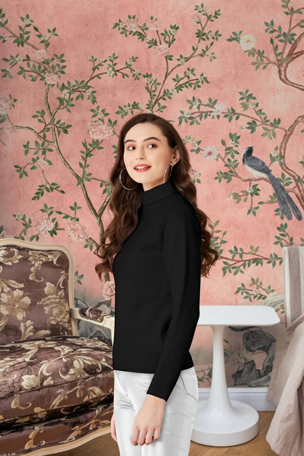 Right side pose of CELESTINA high-neck solid black tee