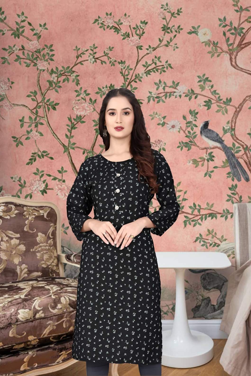 Front view of black rayon kurti against grey brick background