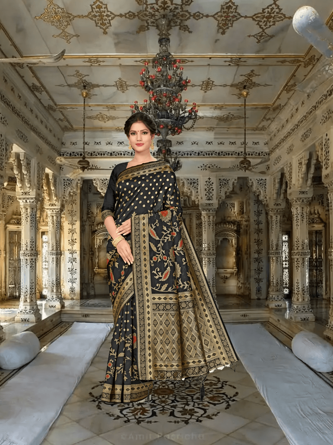 Model in black Banarasi silk saree with golden patterns standing in palace room