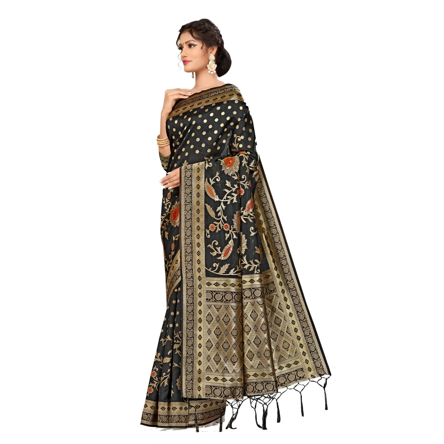Pleated black silk saree with gold designs captured in clean studio lighting