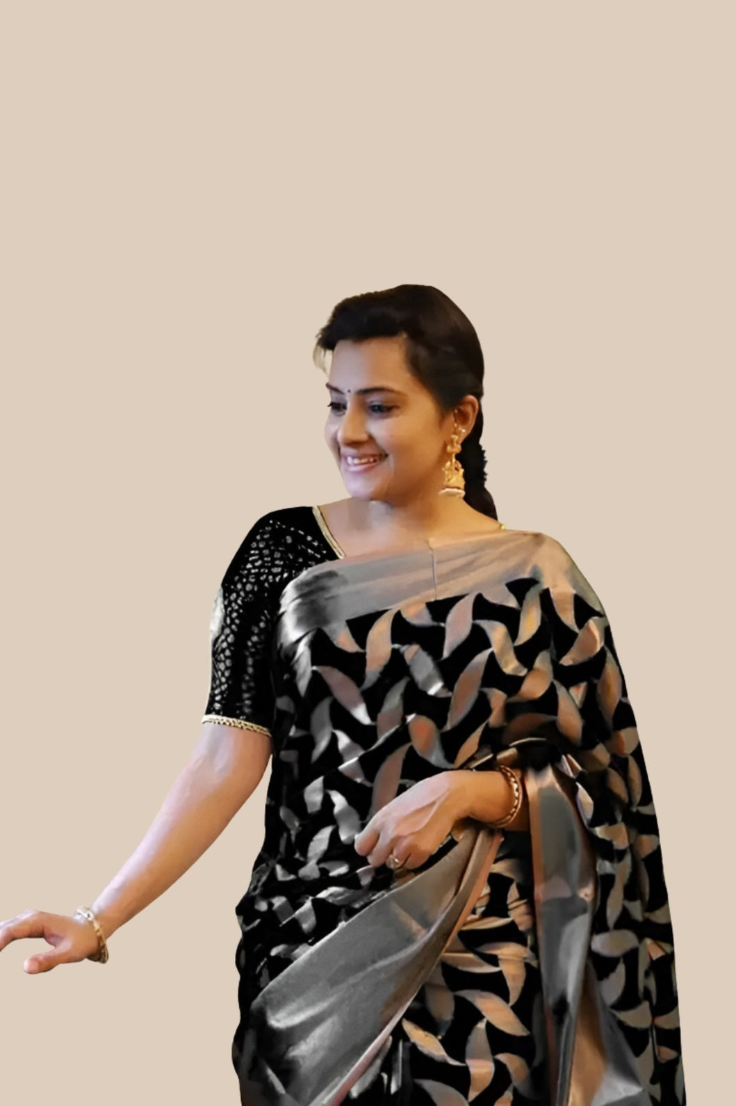 Studio front view of printed black Litchi silk saree