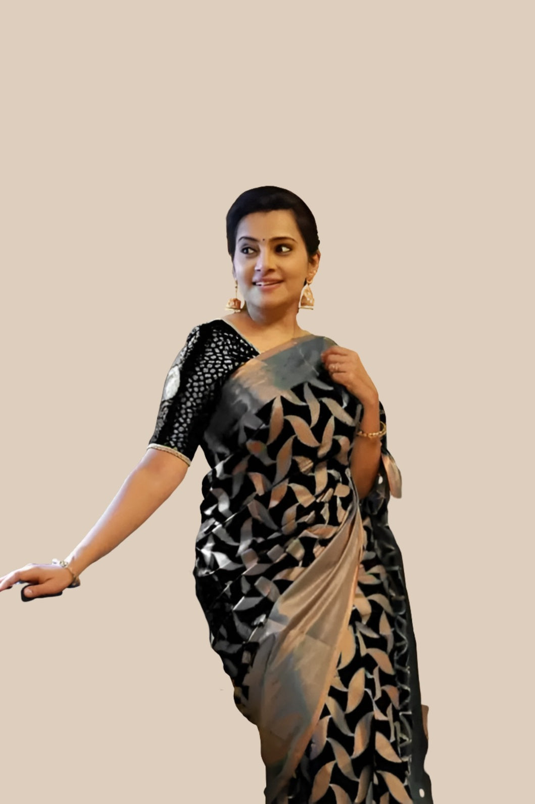 Studio front view of printed black Litchi silk saree