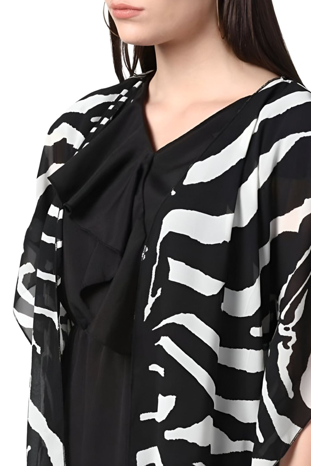 Closeup View of black printed women’s shrug by CELESTINA