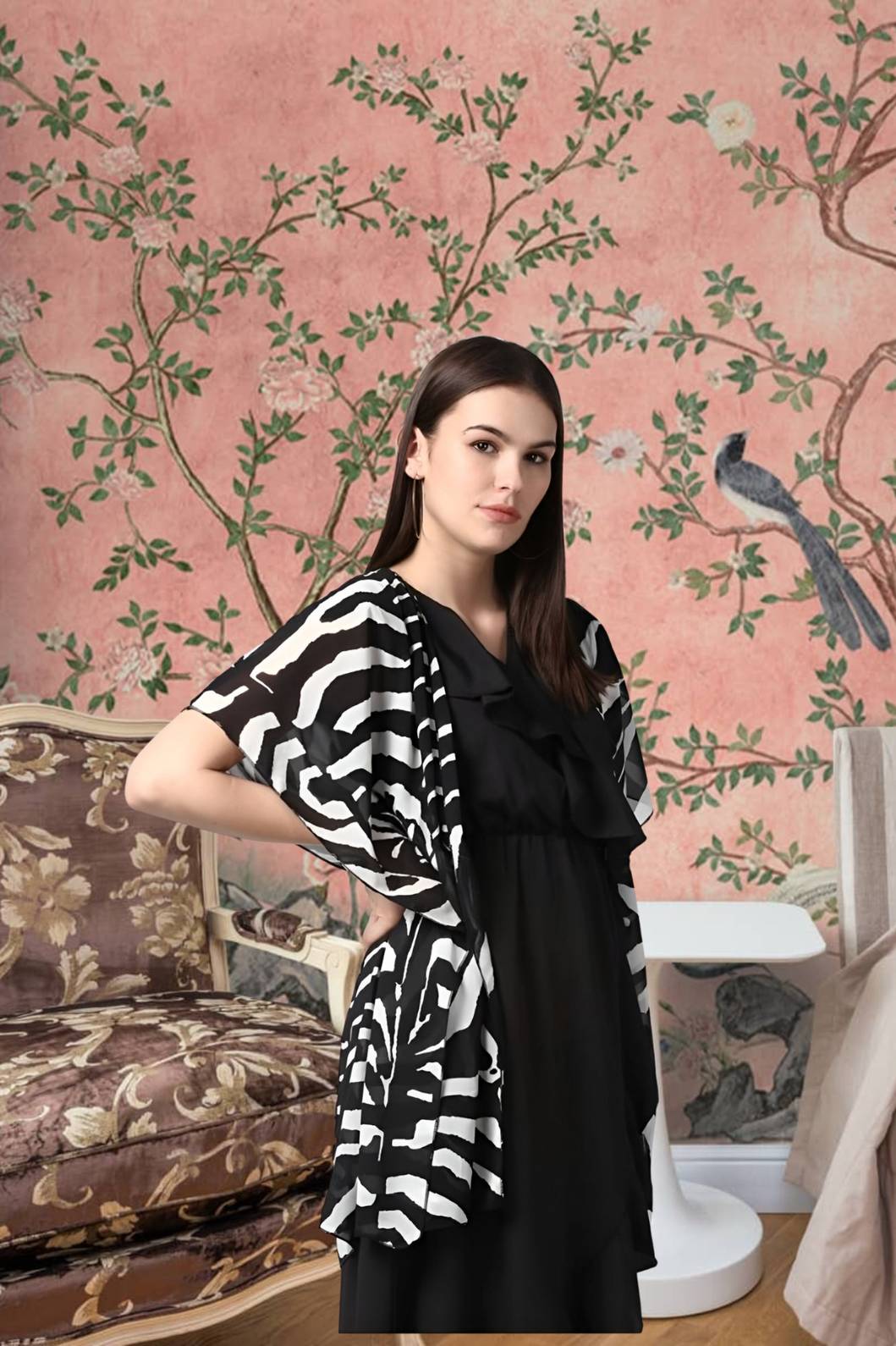 Front view of black printed women’s shrug by CELESTINA