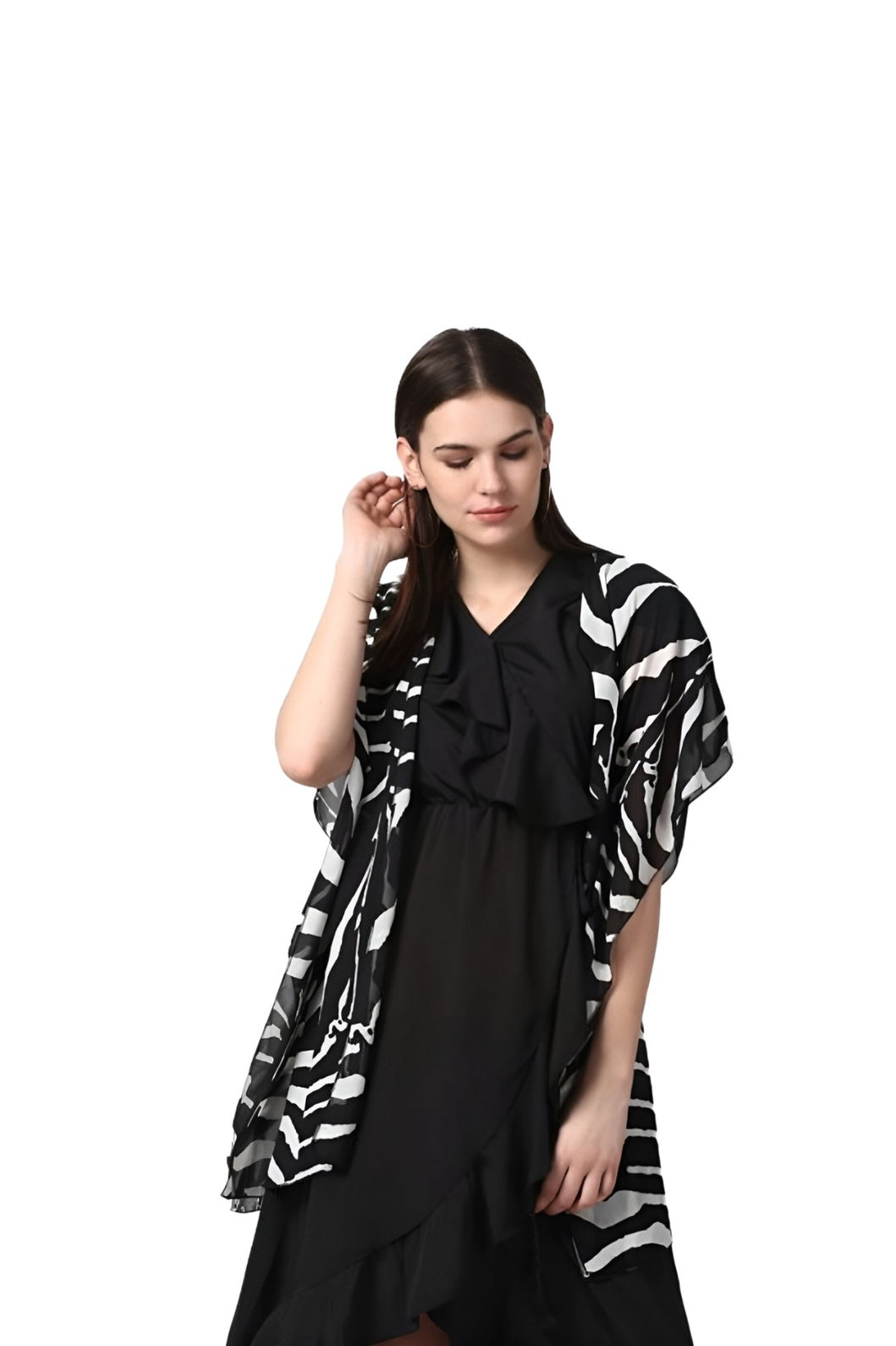 Front studio image of short sleeve black shrug by CELESTINA