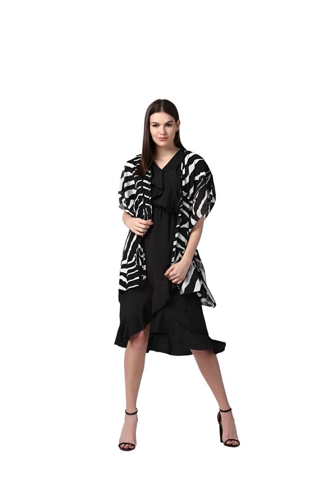 Front studio image of short sleeve black shrug by CELESTINA