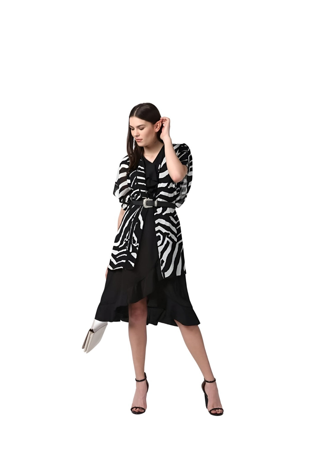 Front studio image of short sleeve black shrug by CELESTINA