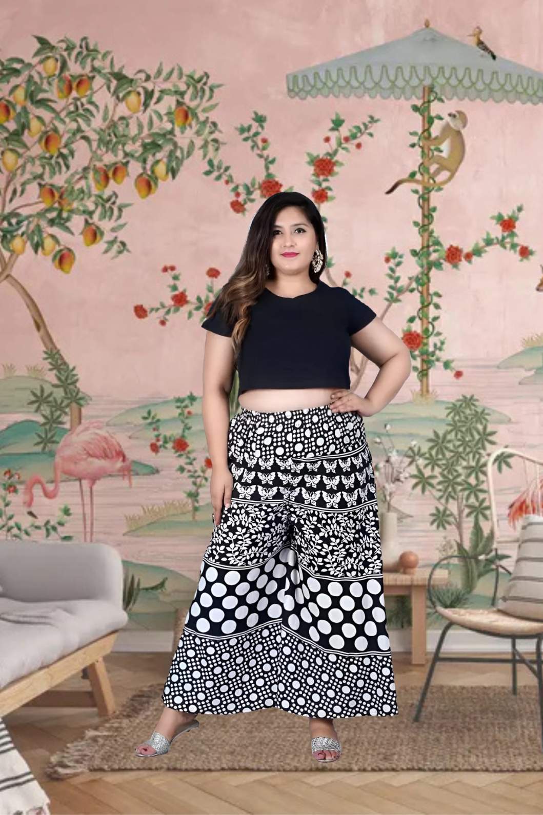 Front view with ethnic black print flowing in natural light