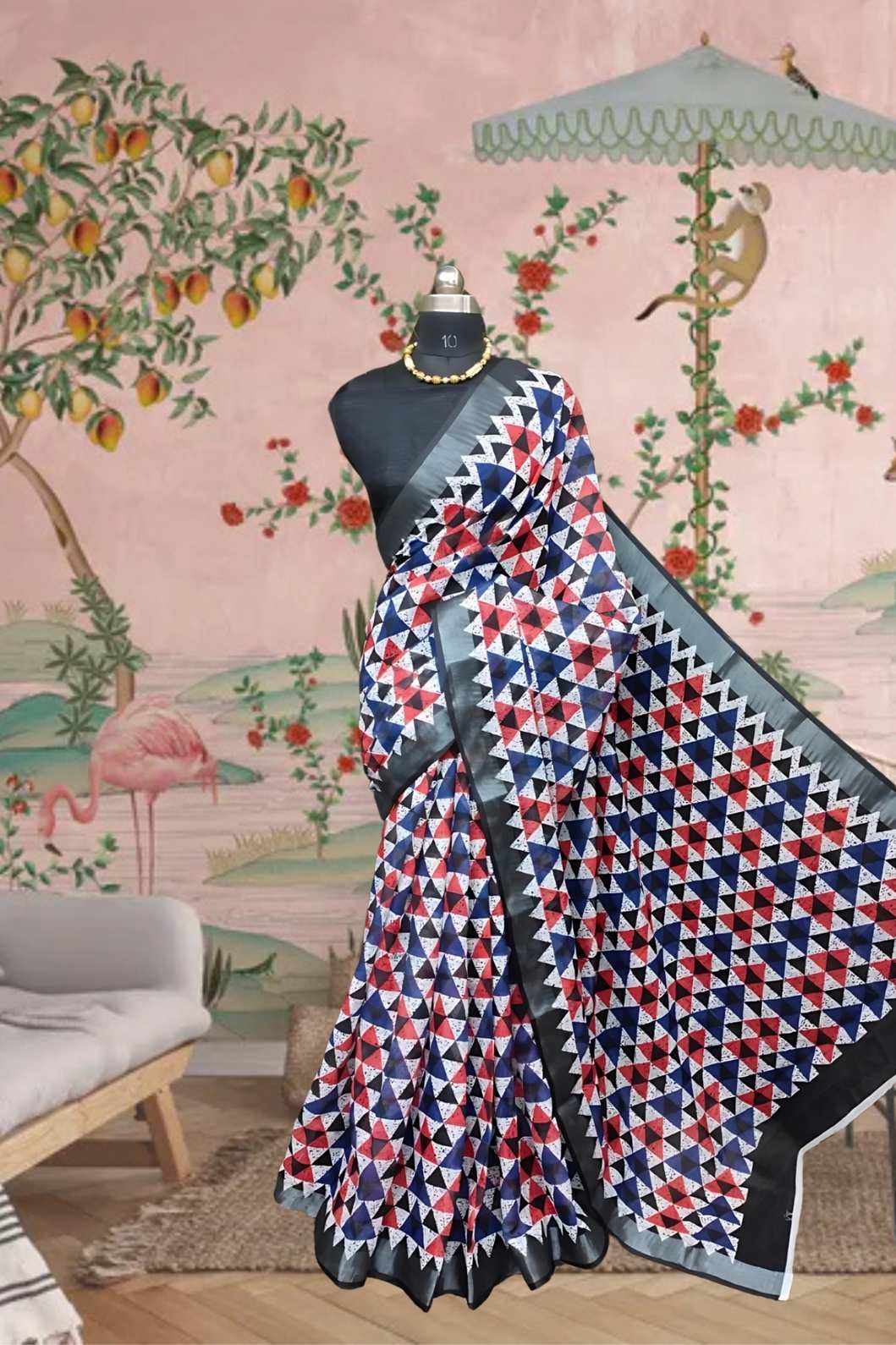 Front view showing multicolor print over deep base in majestic backdrop