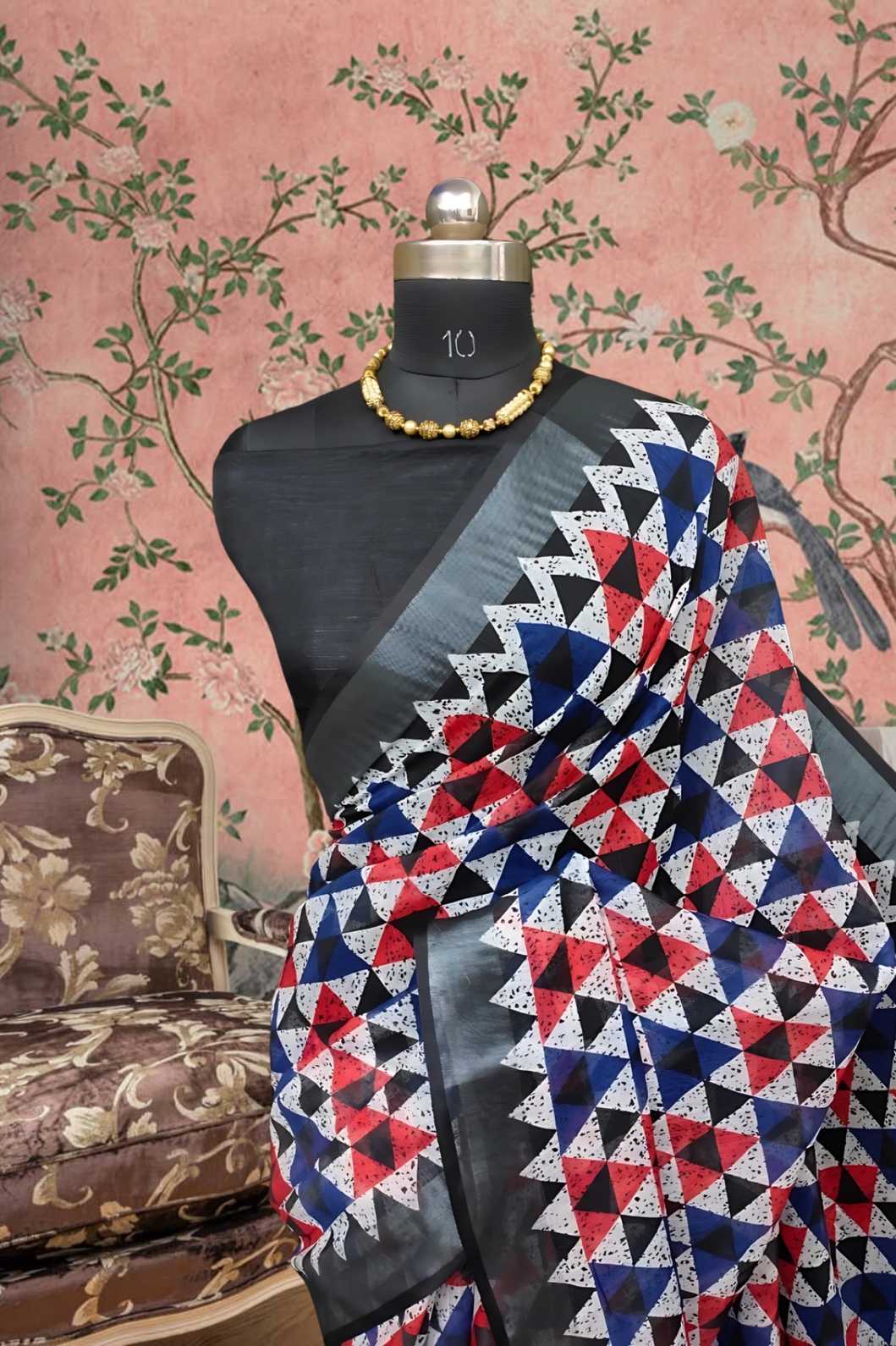 Front view showing multicolor print over deep base in majestic backdrop