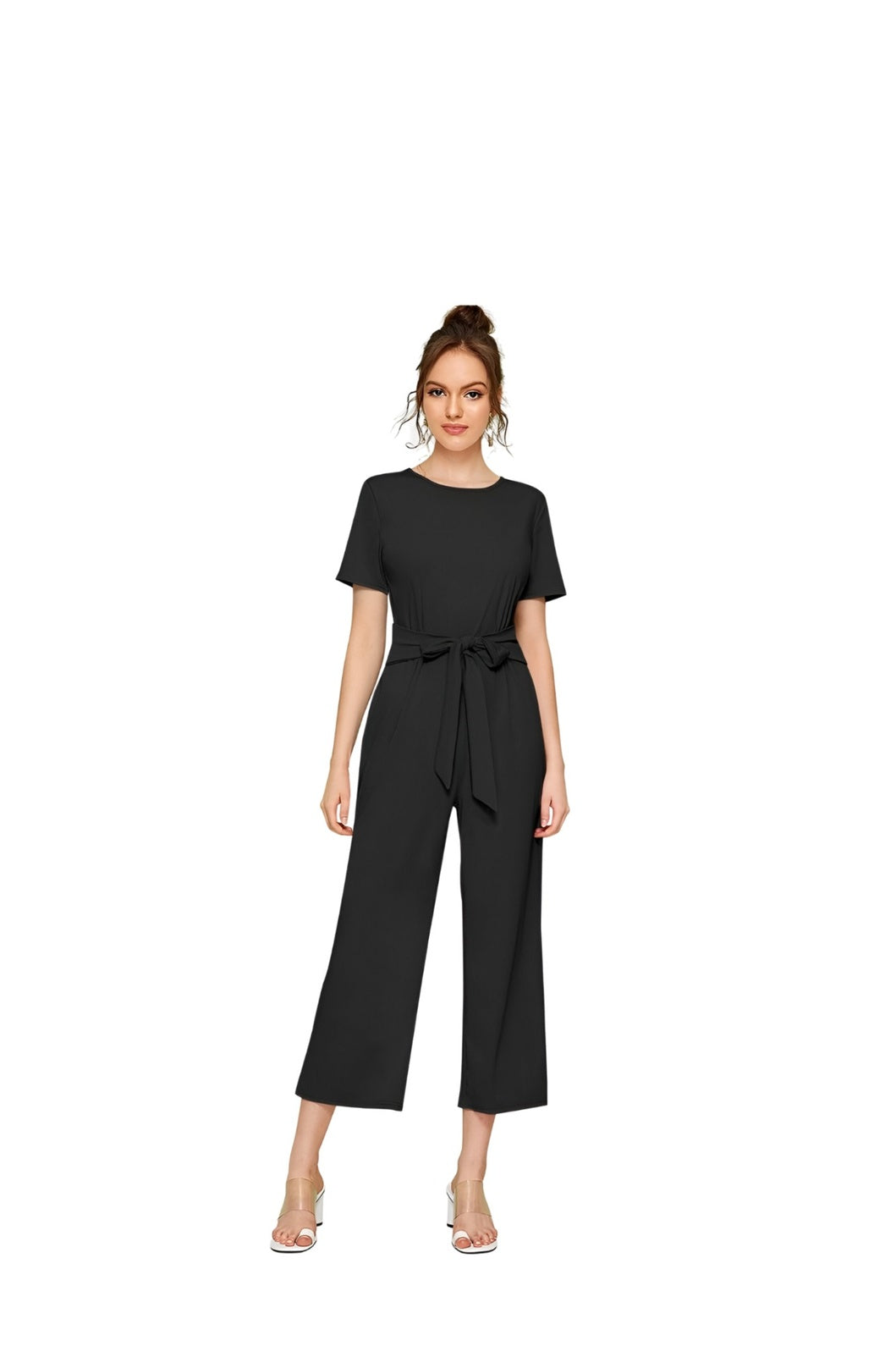 Studio front shot of black cap sleeve jumpsuit – white background