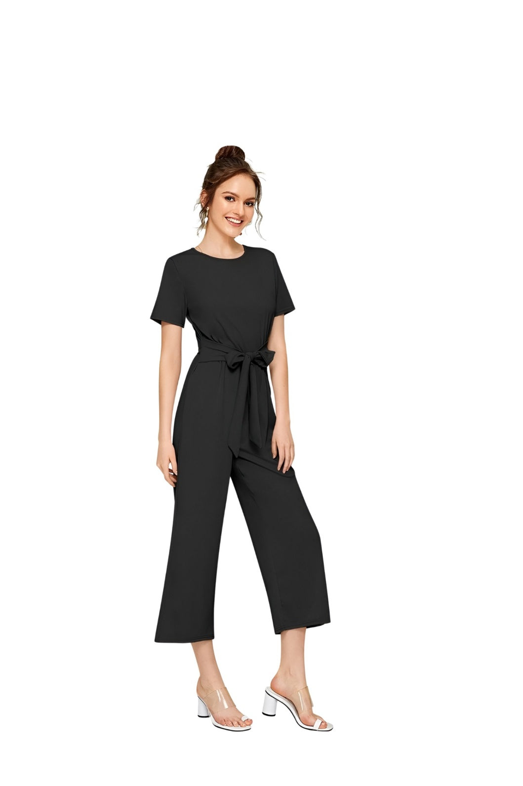 Studio left profile with cap sleeve and waist fit – white background