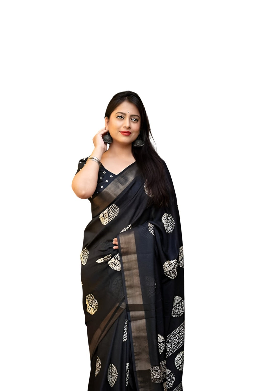 Studio front view of cotton crape black saree in clean pose – white background