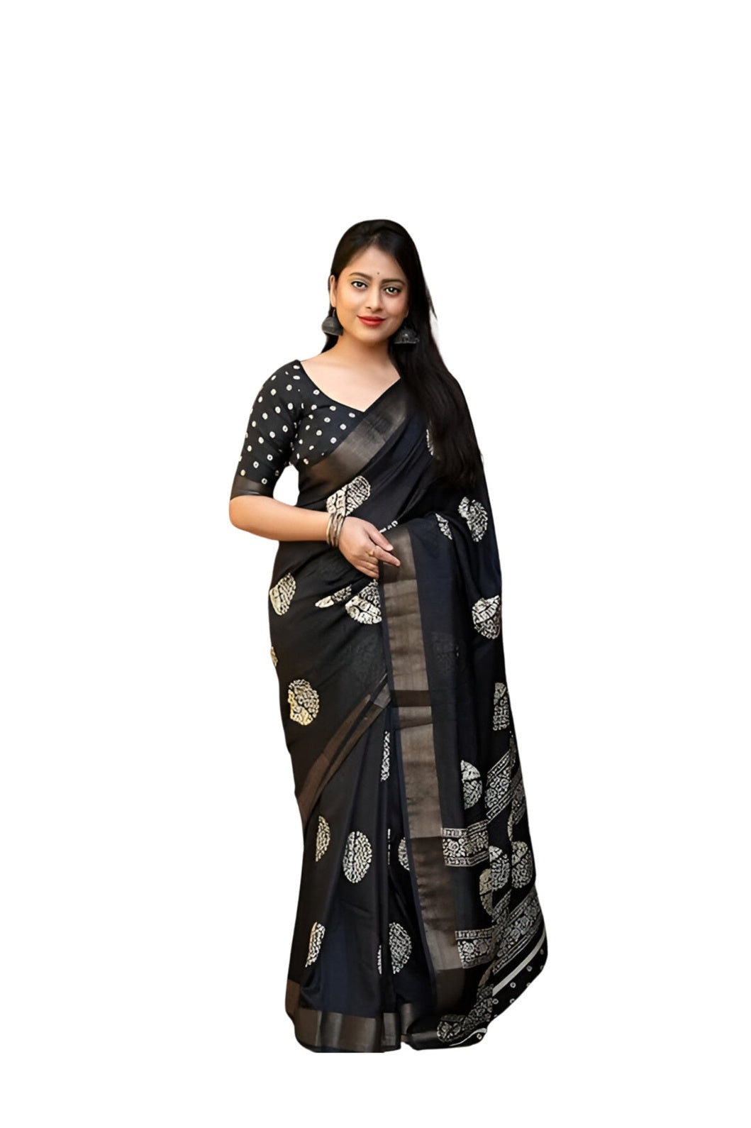 Studio front view of cotton crape black saree in clean pose – white background