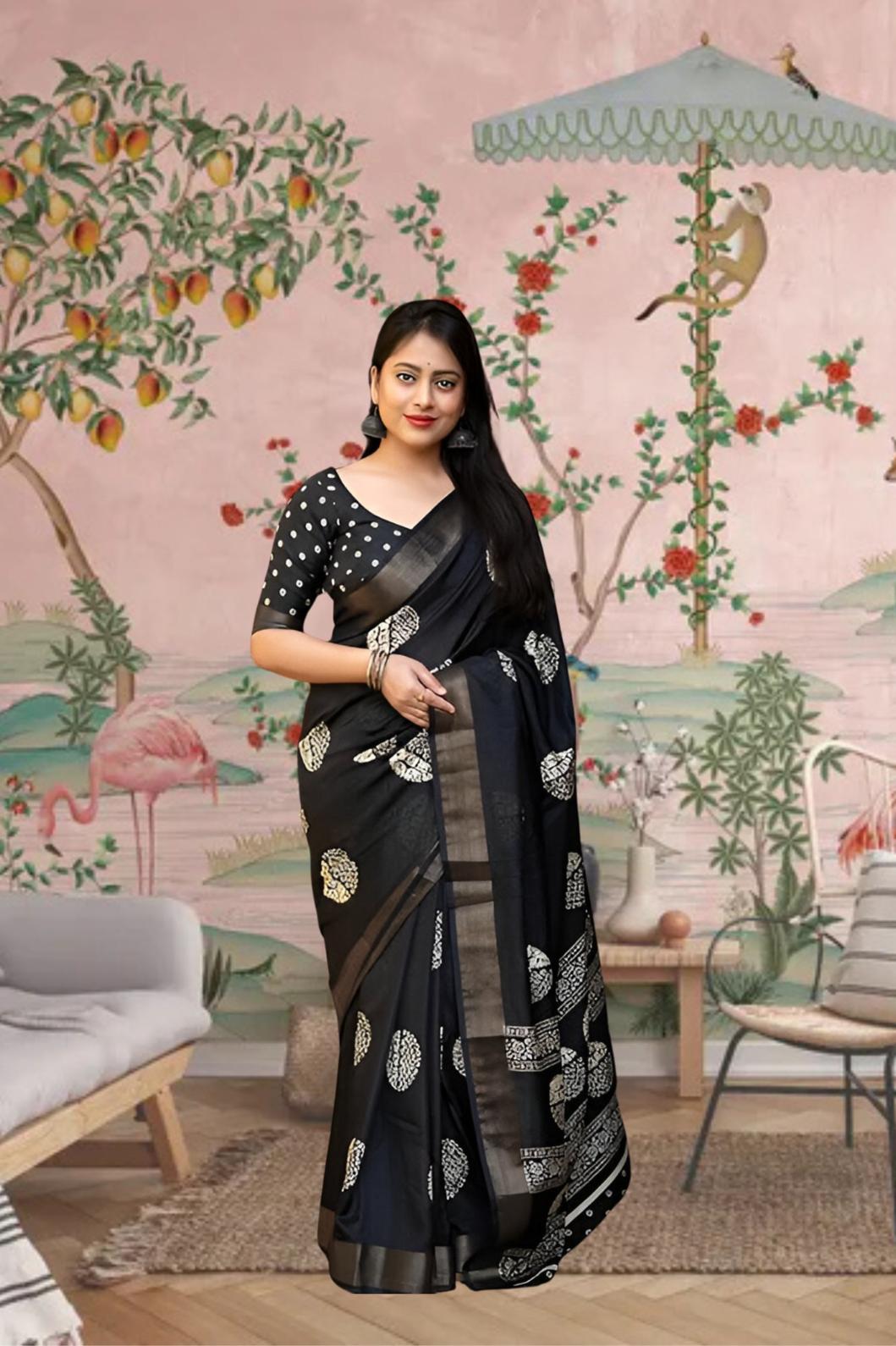 Front view of 🖤 Kaatyaayani black printed cotton crape saree – styled in ethnic setting