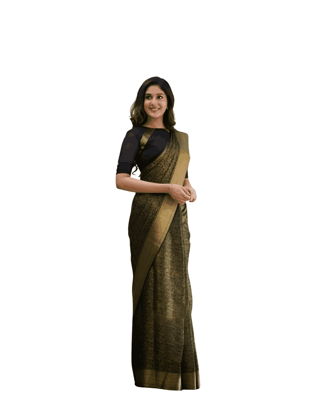 Full saree draped front, clear fabric visibility
