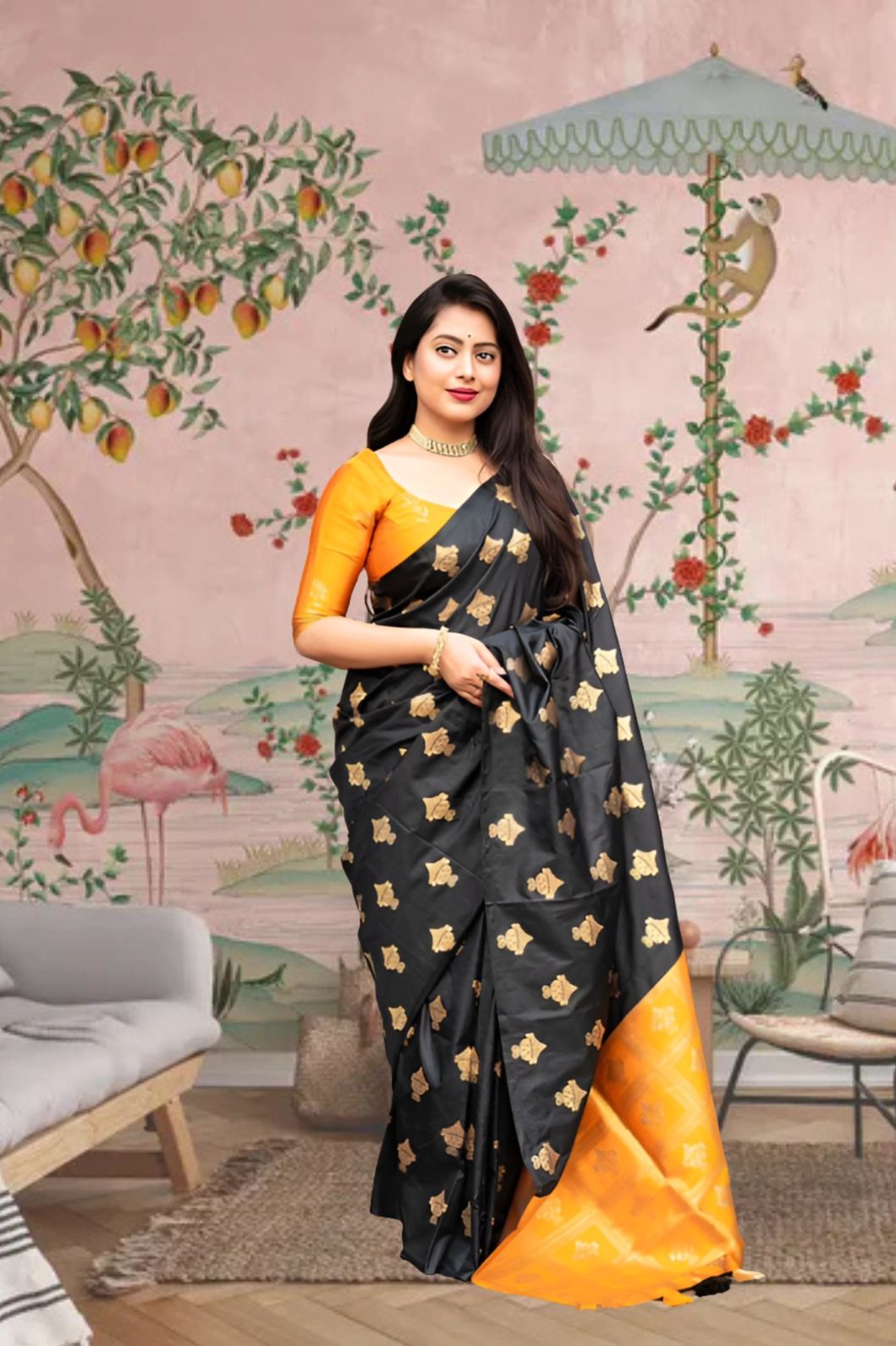 Front view of black silk saree with vibrant yellow blouse in royal palace room
