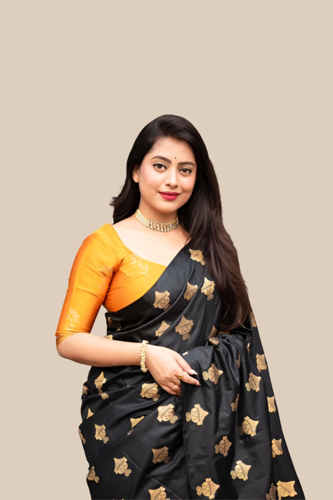 Studio front view of black silk saree with yellow blouse contrast