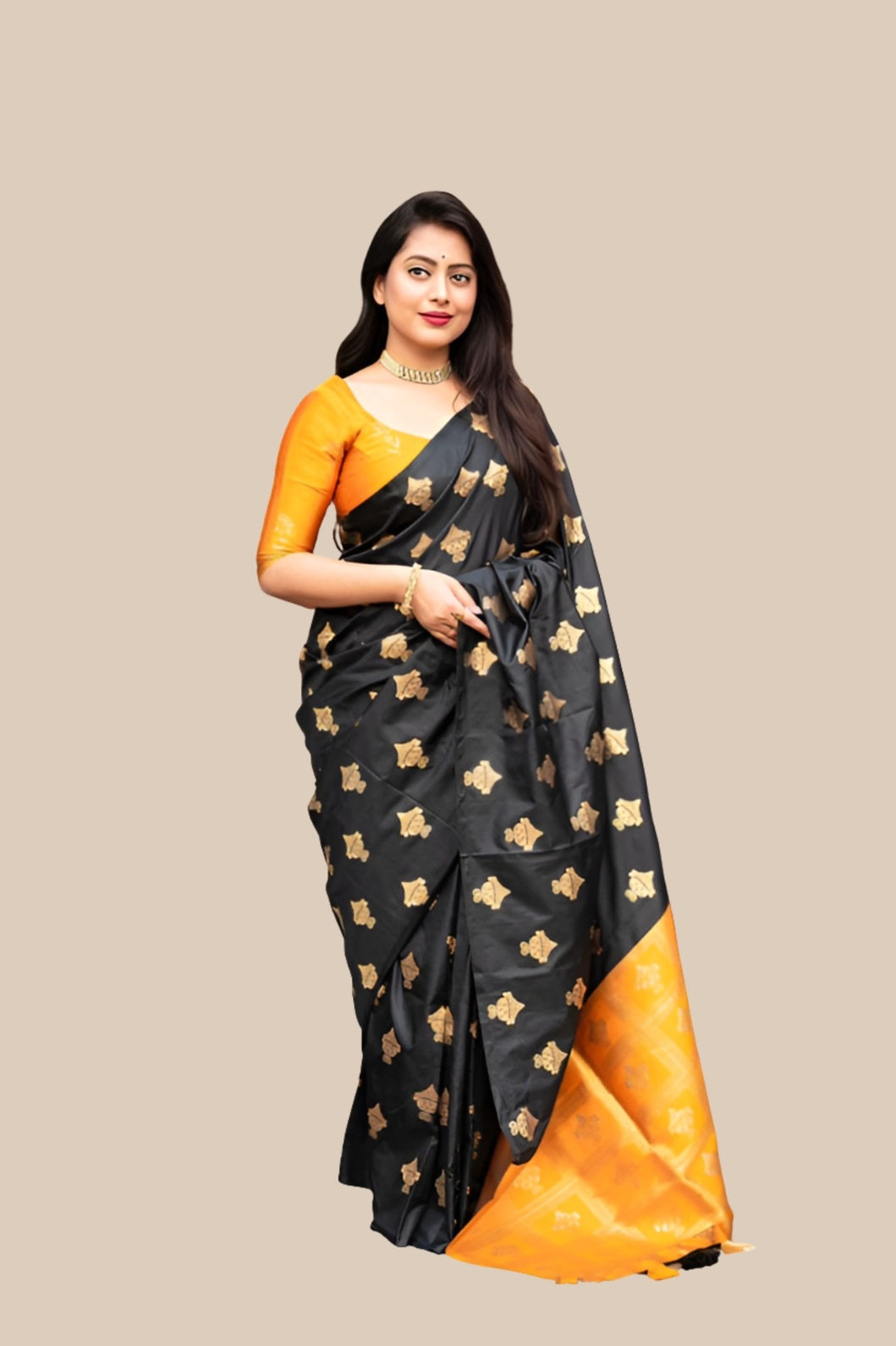 Studio front view of black silk saree with yellow blouse contrast