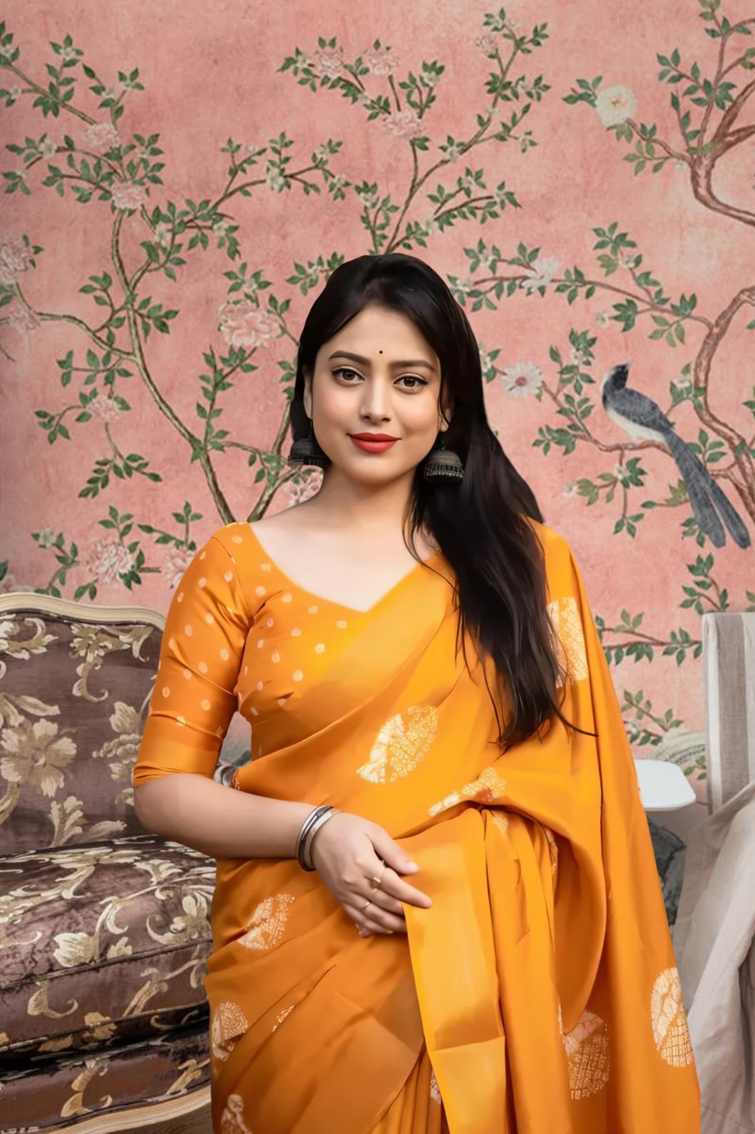 Front angle of yellow cotton crape saree glowing in palace morning light