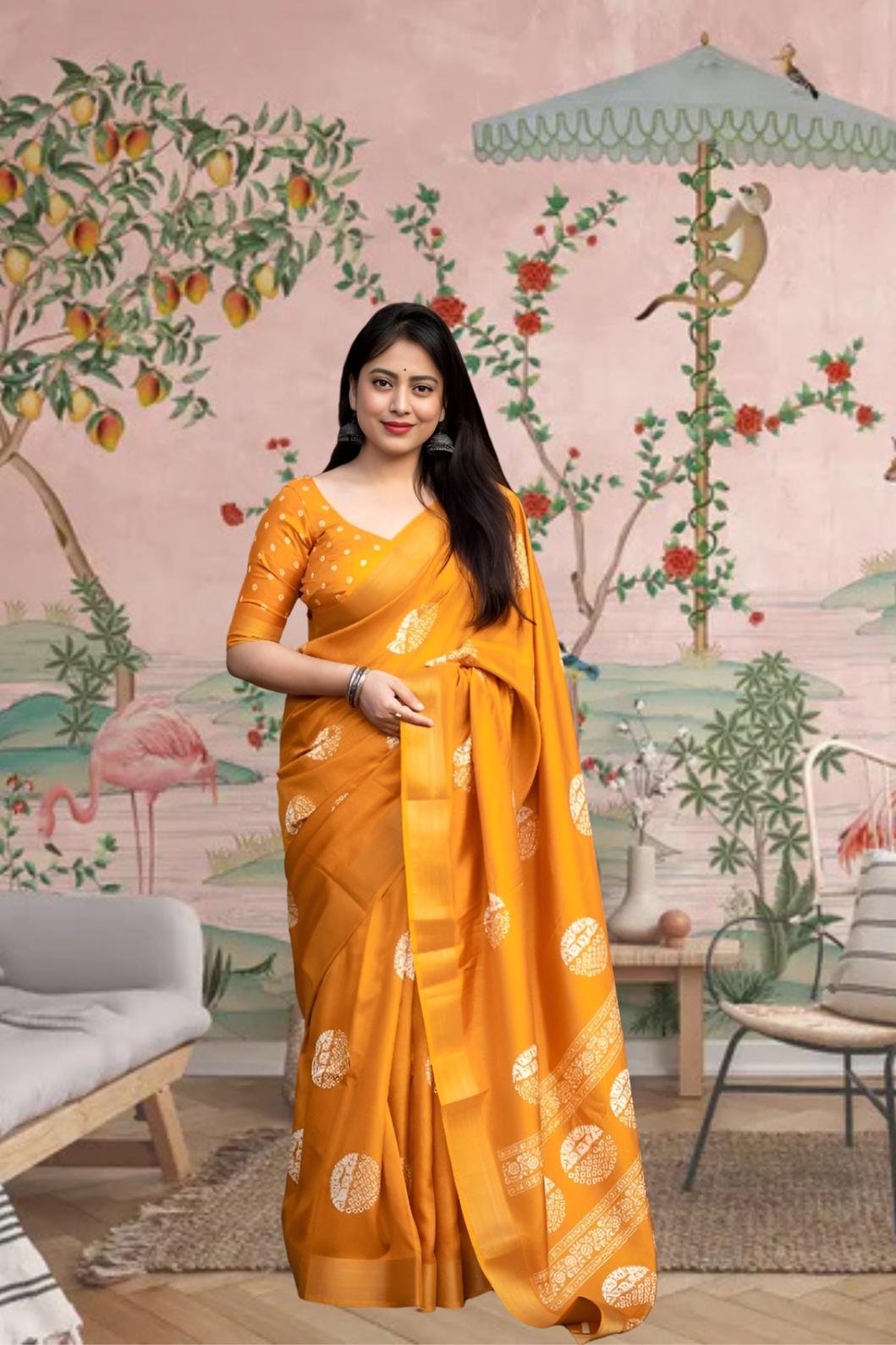 Front angle of yellow cotton crape saree glowing in palace morning light