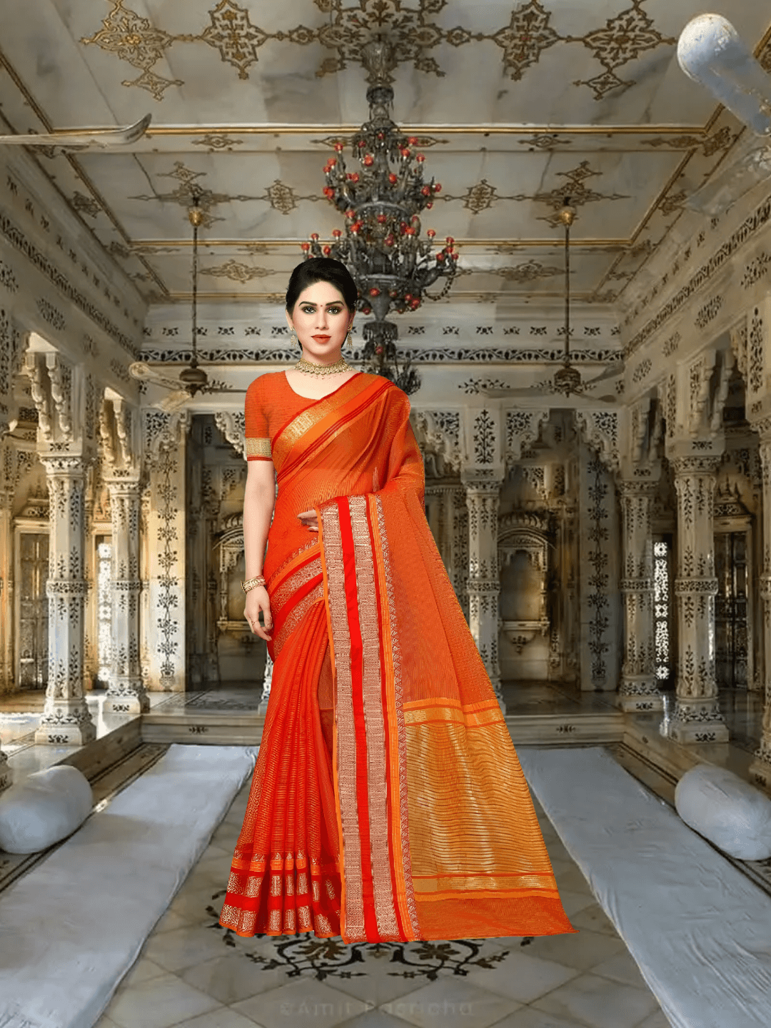 Traditional pose with saree spread elegantly, highlighting vibrant hues