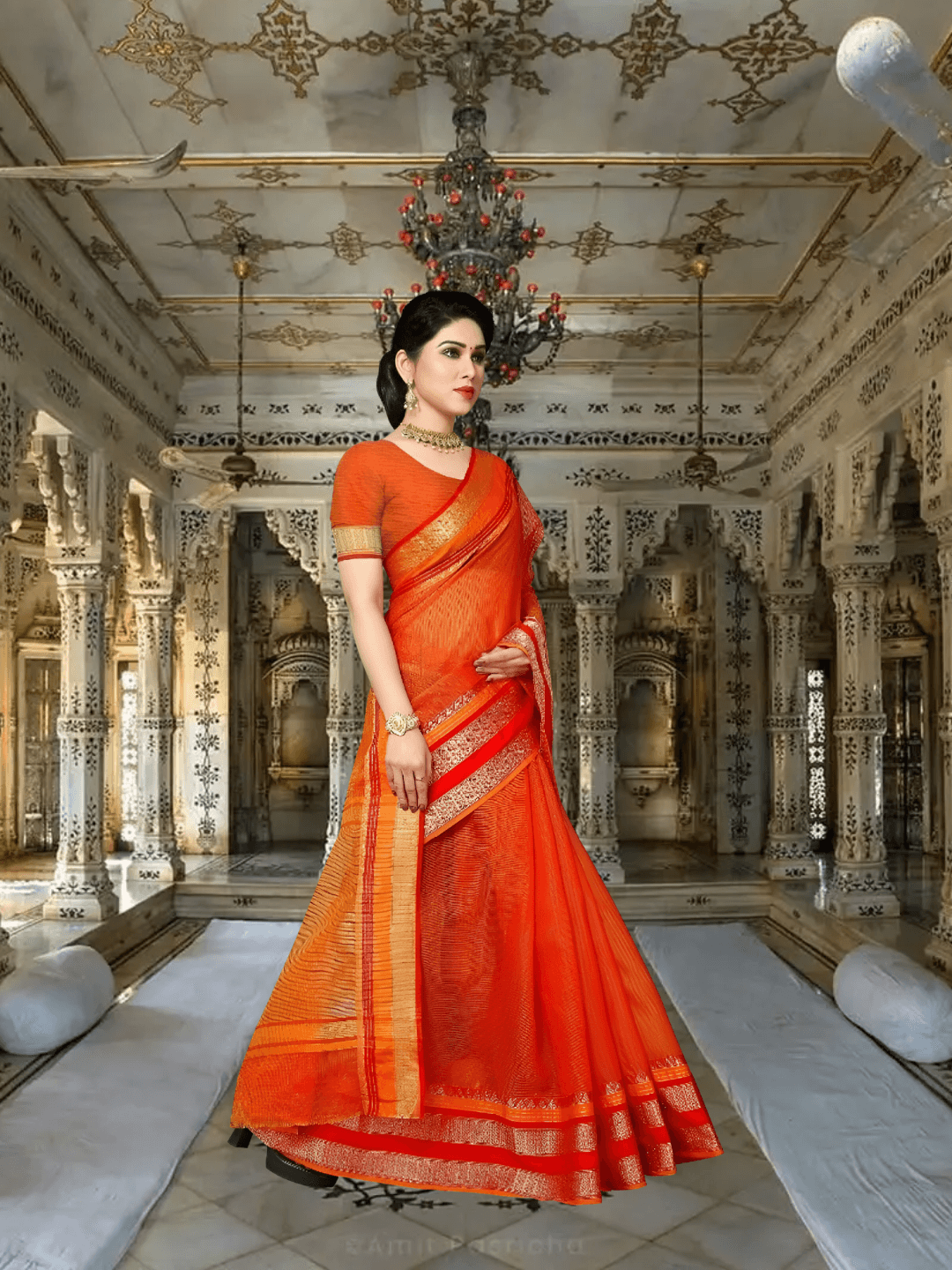 Candid twirl with motion in pallu, gold borders catching light beautifully