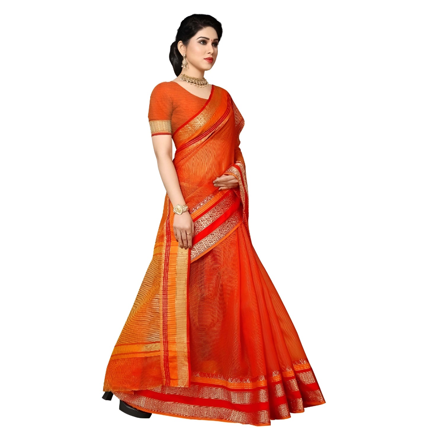 Orange Kota Doria cotton saree with gold-orange borders, front drape view