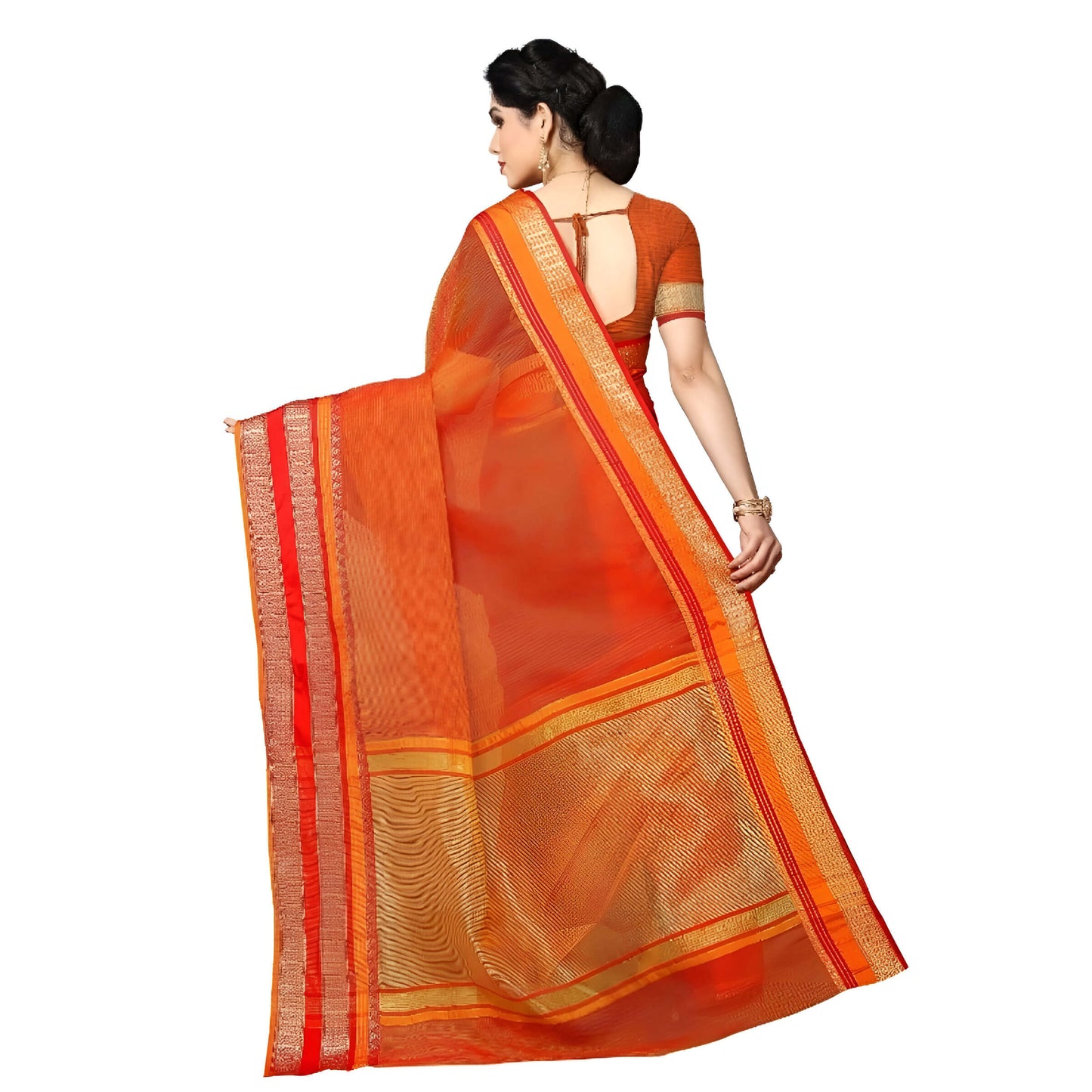 lowing pallu of the saree showing gold border against soft orange backdrop